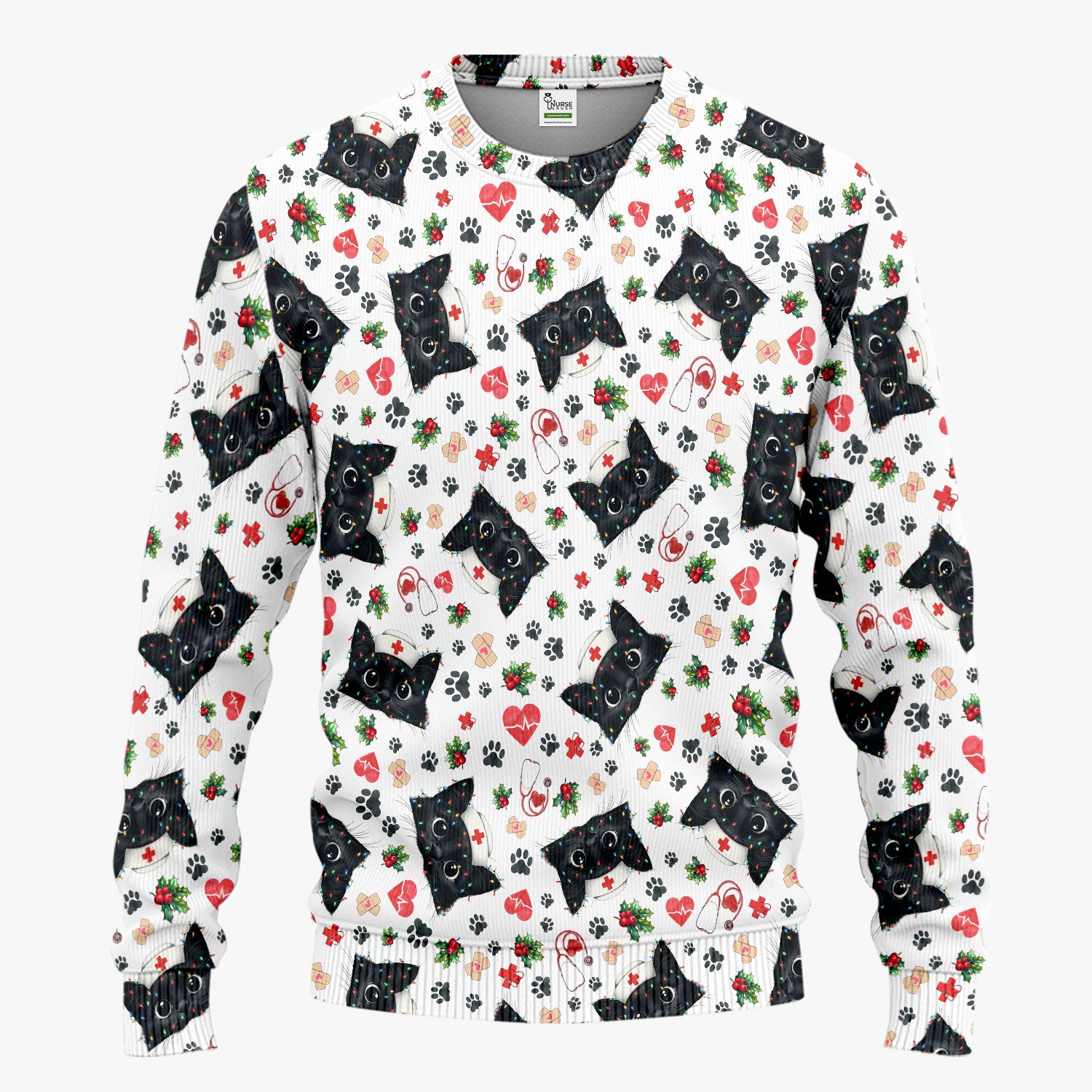 Black Cats Comfortable Scrubs for Nurses - Cute Kittens Christmas Scrubs Pants and V Neck Top - Breathable Med Uniform Gift for Women