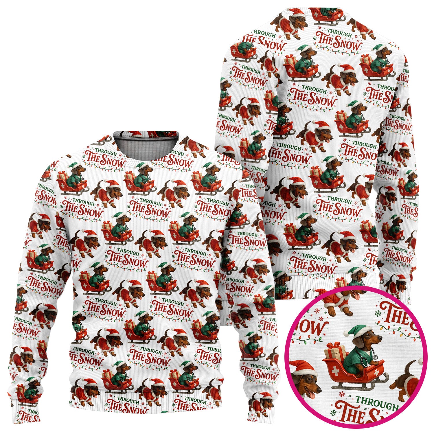 Dachshund Christmas Ugly Sweater, Cute Dog Nurse Sweater, Through The Snow Pattern Nursing Uniform