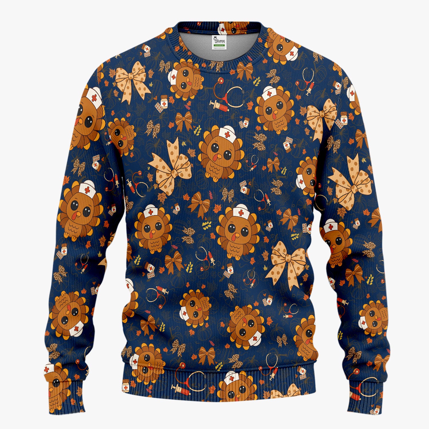 Thanksgiving Turkey Nurse Scrub Set for Women - Cute Fall Leaves and Bow Scrub Pants and V Neck Top - Autumn Medical Uniform