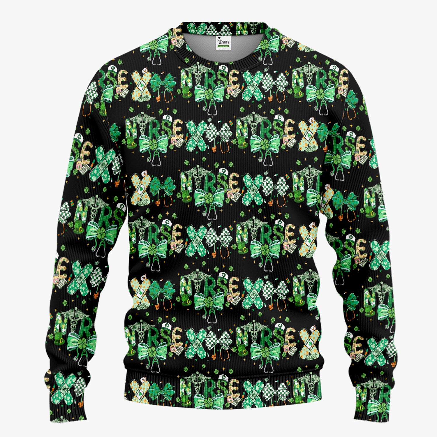 St. Patrick’s Nurse Scrub Set, Lucky Clover And Green Bow Pattern Nurse Shirt, Breathable Fabrics Nursing Uniform