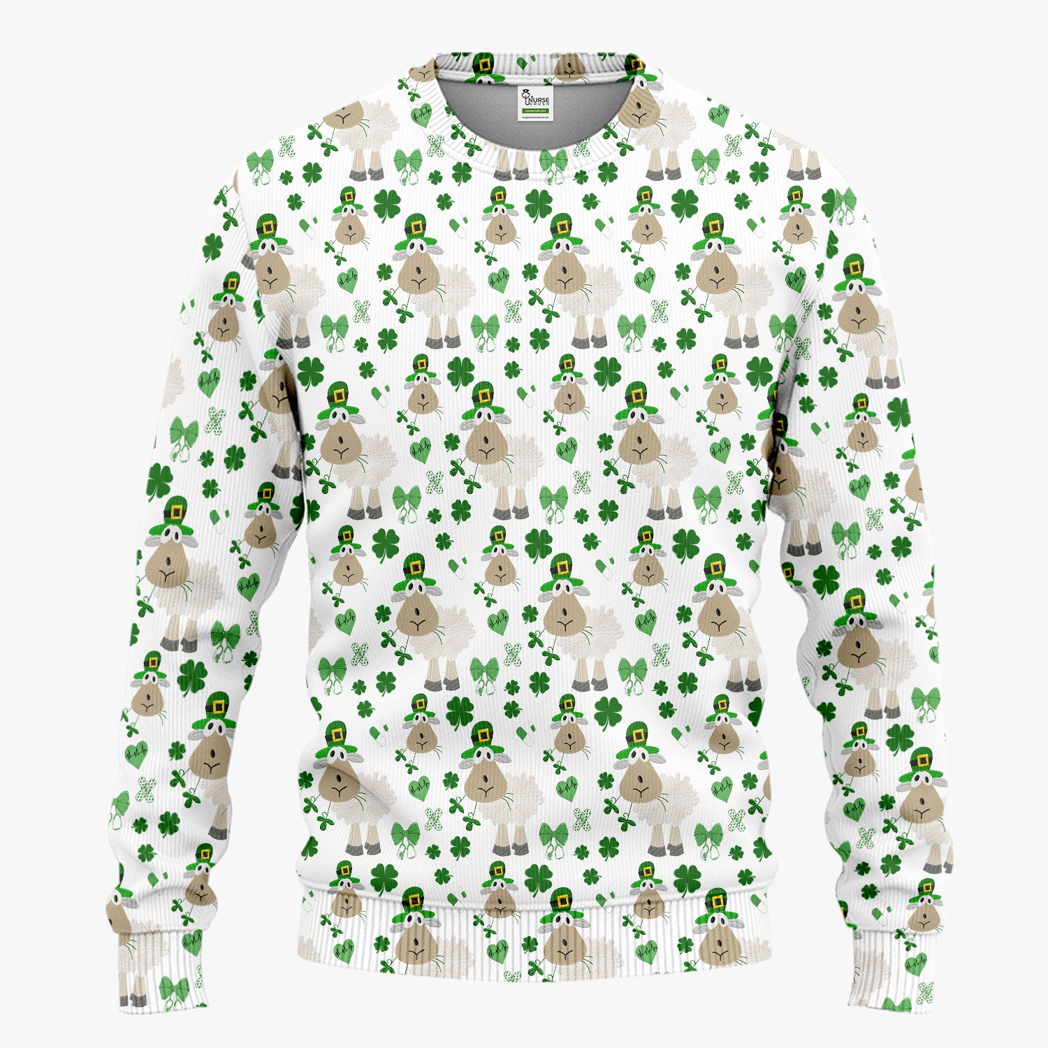 Nurse St. Patrick Scrubs Set, Cute Sheep Shamrock Pattern Nurse Shirt, Breathable Fabrics Nursing Uniform