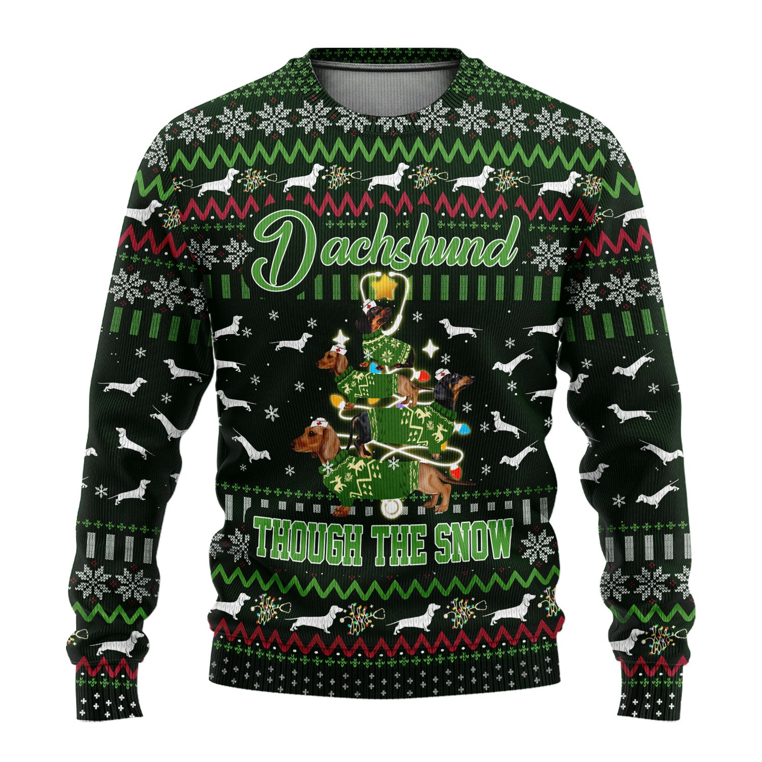 Dachshund Through The Snow Christmas Ugly Sweater - Funny Sausage Dog Xmas Tree Nurse Shirt - Cute Holiday Medical Uniform