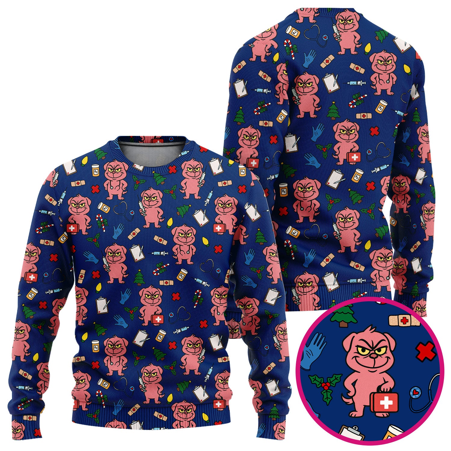 Christmas Scrub Set for Nurses - Funny Pink Dog Pattern - Holiday Nurse Scrubs with Tree, Bandage and Stethoscope Print