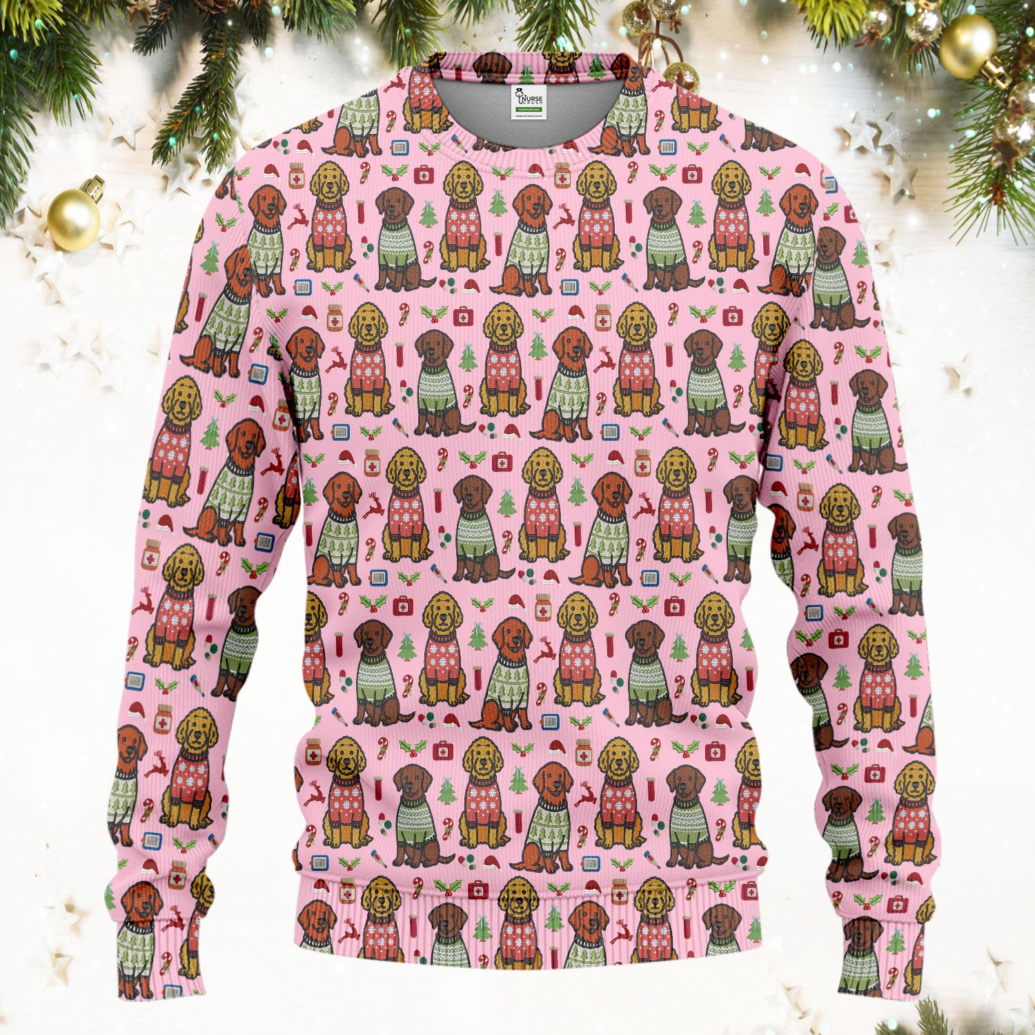 Golden Retriever Christmas Scrub Set, Cute Holiday Dog Nurse Pattern Shirt, Breathable Fabrics Nursing Uniform