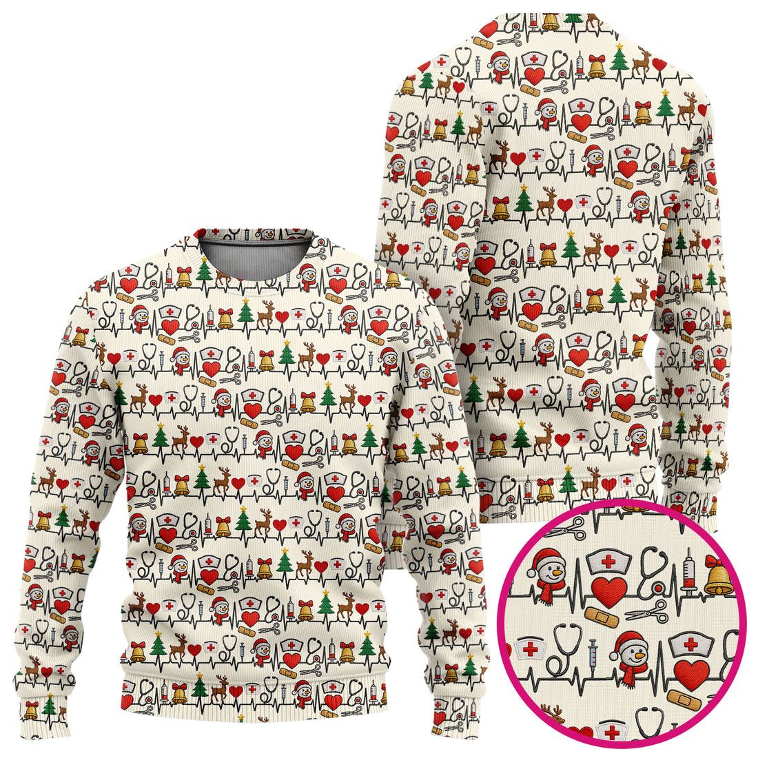 Cute Snowman Nurse Ugly Sweater, Christmas Holiday Medical Uniform For Nursing, Festive Heartbeat Print Nurse Sweater