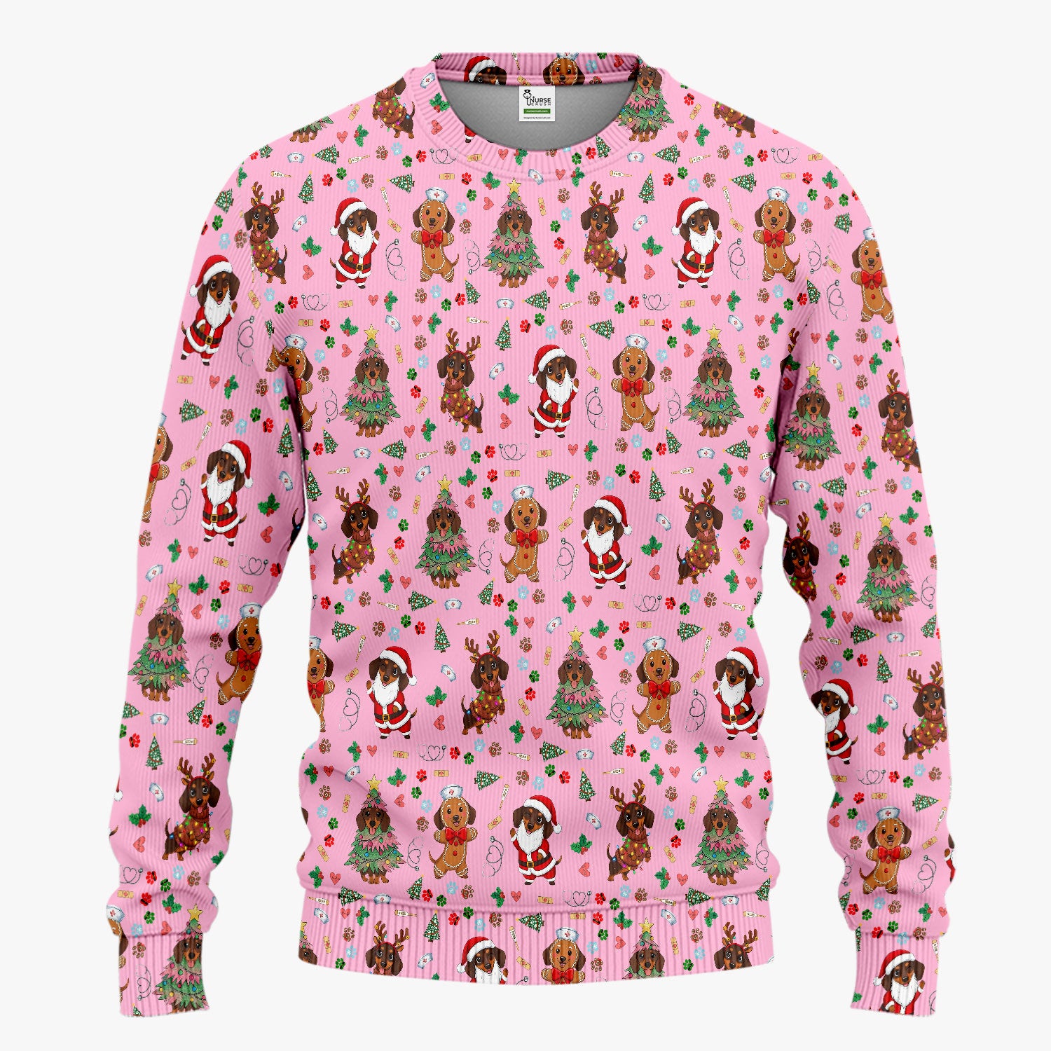 Wiener Dog Christmas Scrub Set – Funny Dachshund Pattern Medical Shirt – Festive Holiday Uniform for RN, LPN, CNA, and Vet Techs