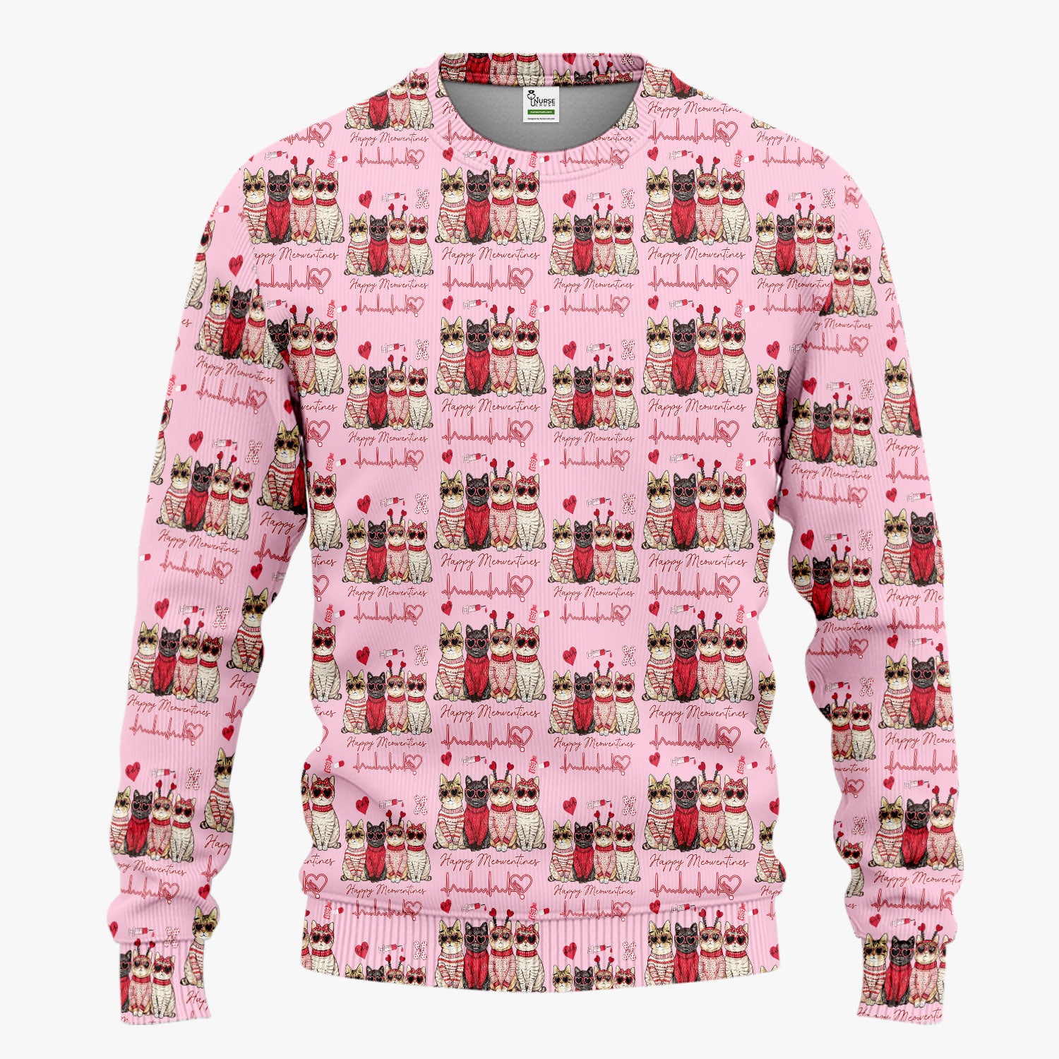 Happy Meowtines Cat Pattern Scrub Set, Valentine Cat Lover Nurse Scrub Shirt, Heartbeat Medical Pattern Nursing Uniform