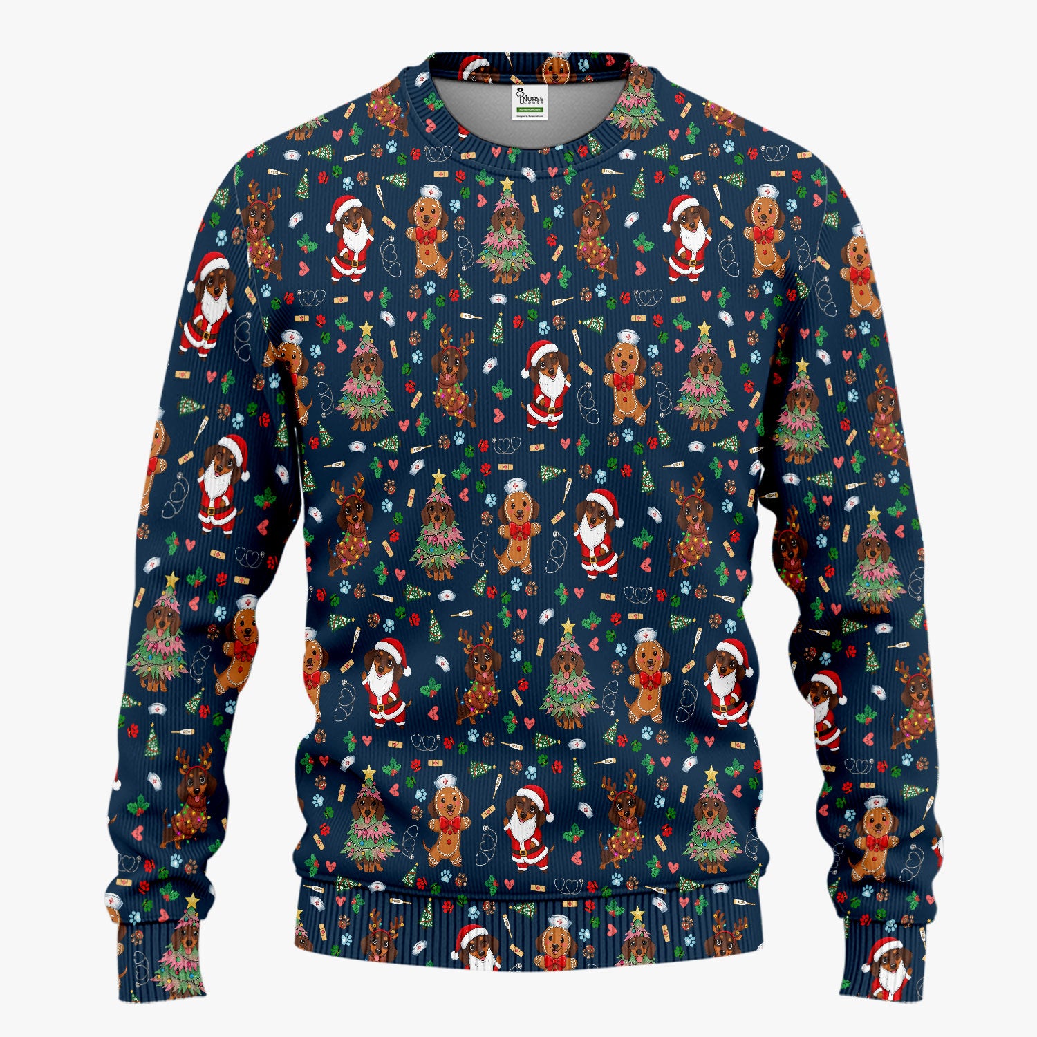 Wiener Dog Christmas Scrub Set – Funny Dachshund Pattern Medical Shirt – Festive Holiday Uniform for RN, LPN, CNA, and Vet Techs