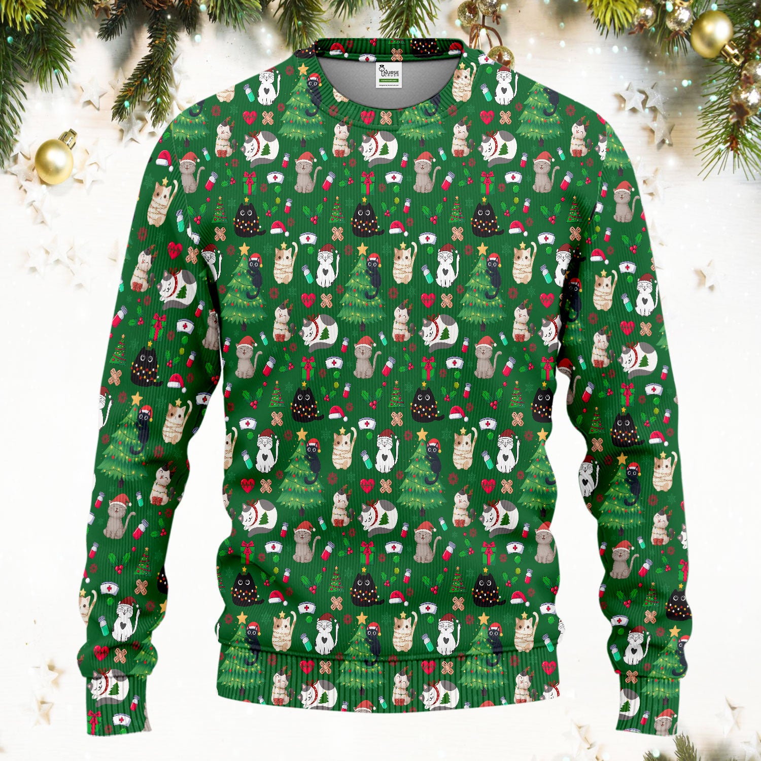 Christmas Cat Scrub Set, Xmas Pet Pattern Scrub Shirt, Breathable Fabrics Nursing Uniform