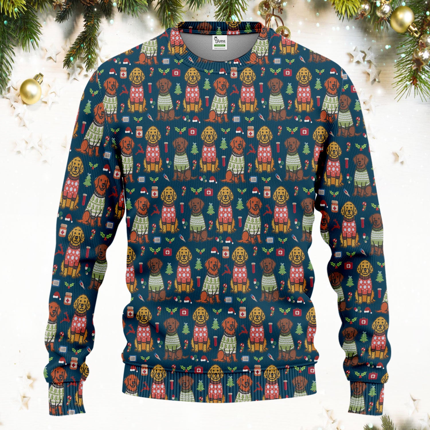 Golden Retriever Christmas Scrub Set, Cute Holiday Dog Nurse Pattern Shirt, Breathable Fabrics Nursing Uniform