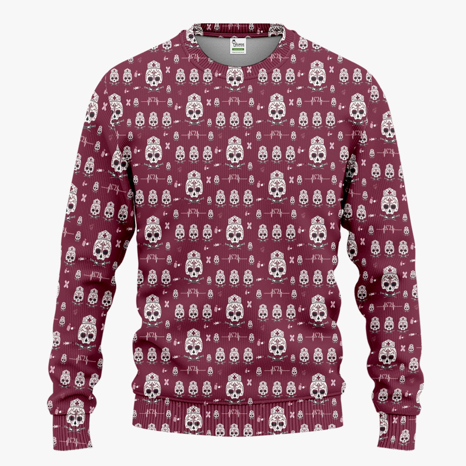 Sugar Skull Scrub Set, Skull Pattern Scrub Shirt, Breathable Fabrics Nursing Uniform