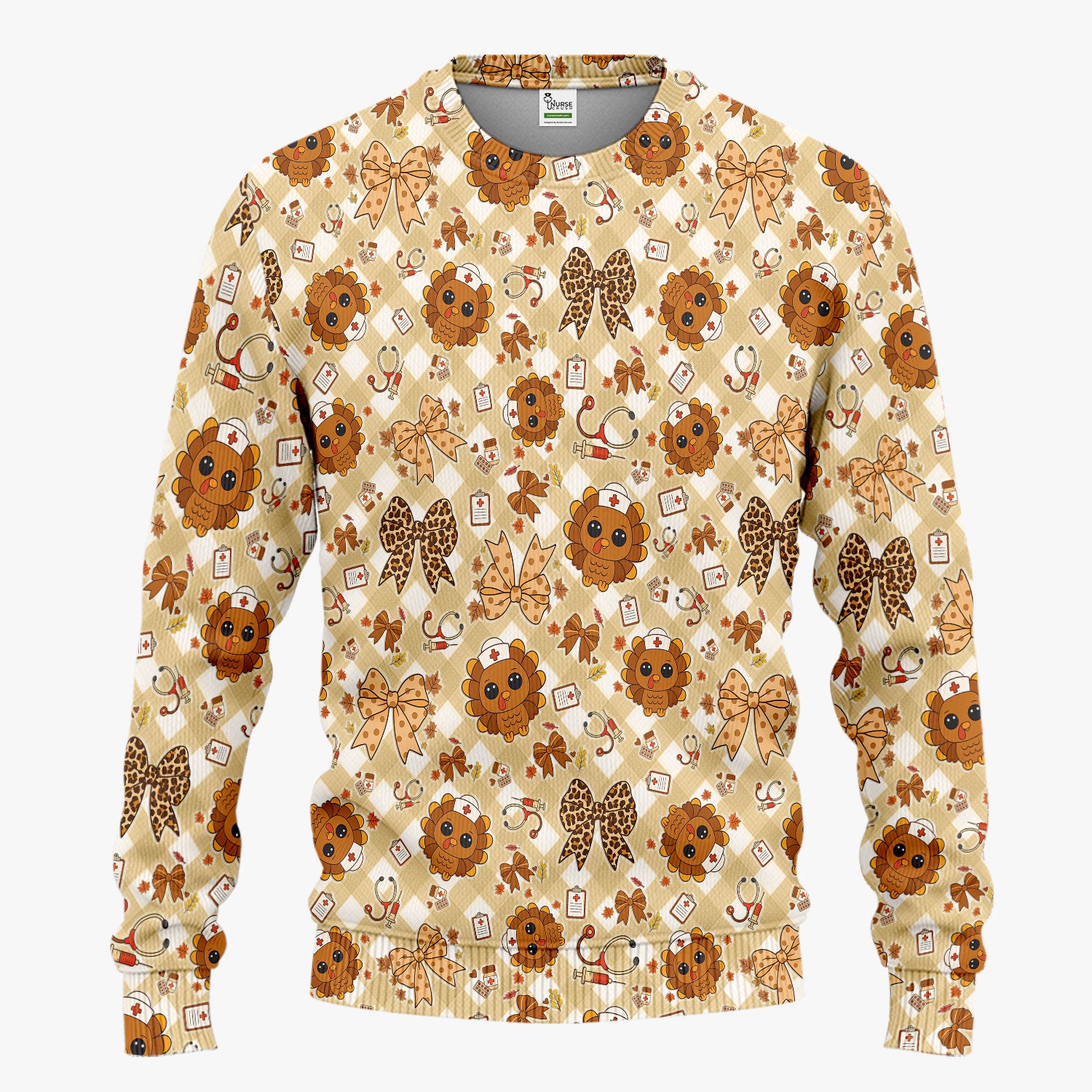 Thanksgiving Turkey Scrub Set for Nurses - Cute Fall Leaves and Bow Scrubs Pants and V Neck Top - Autumn Nursing Gift for Her