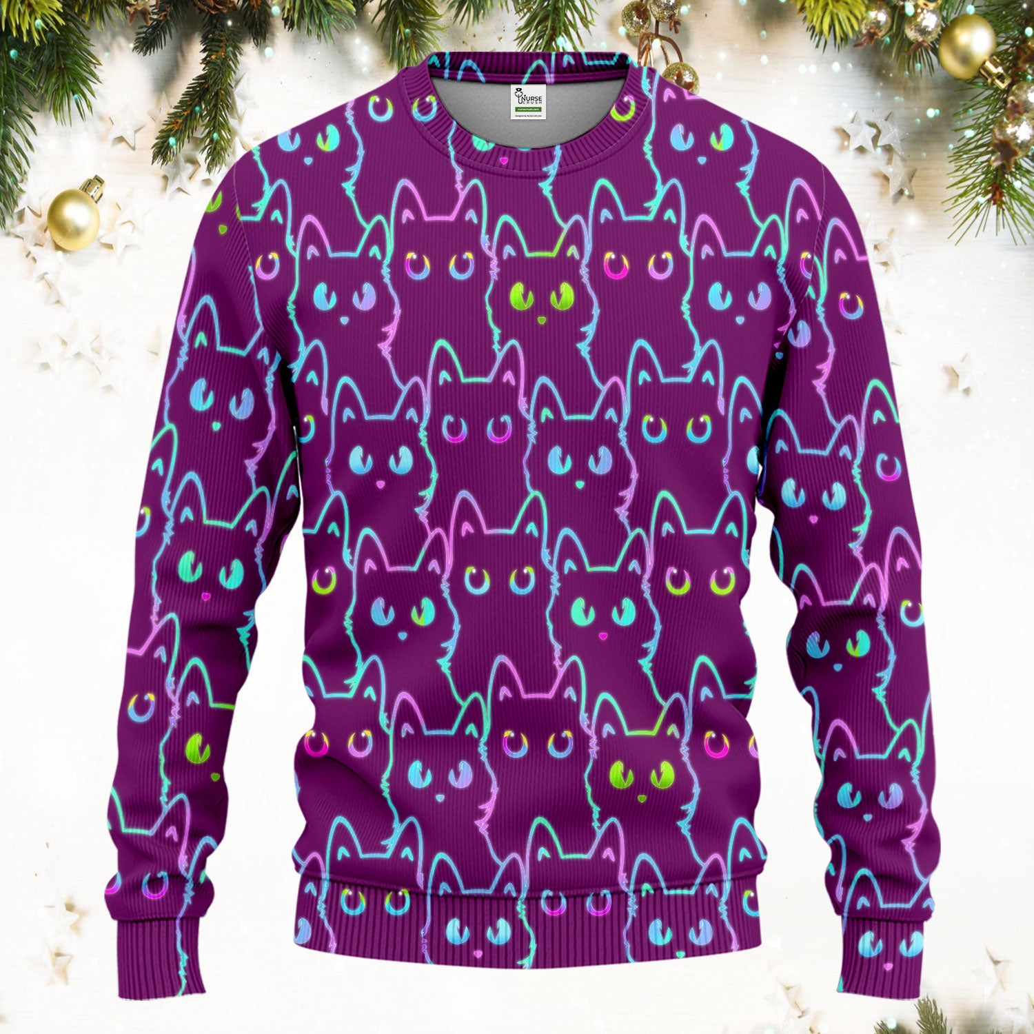 Neon Cat Pattern Scrub Set, Black Cat Scrub Shirt, Breathable Fabrics Nursing Uniform