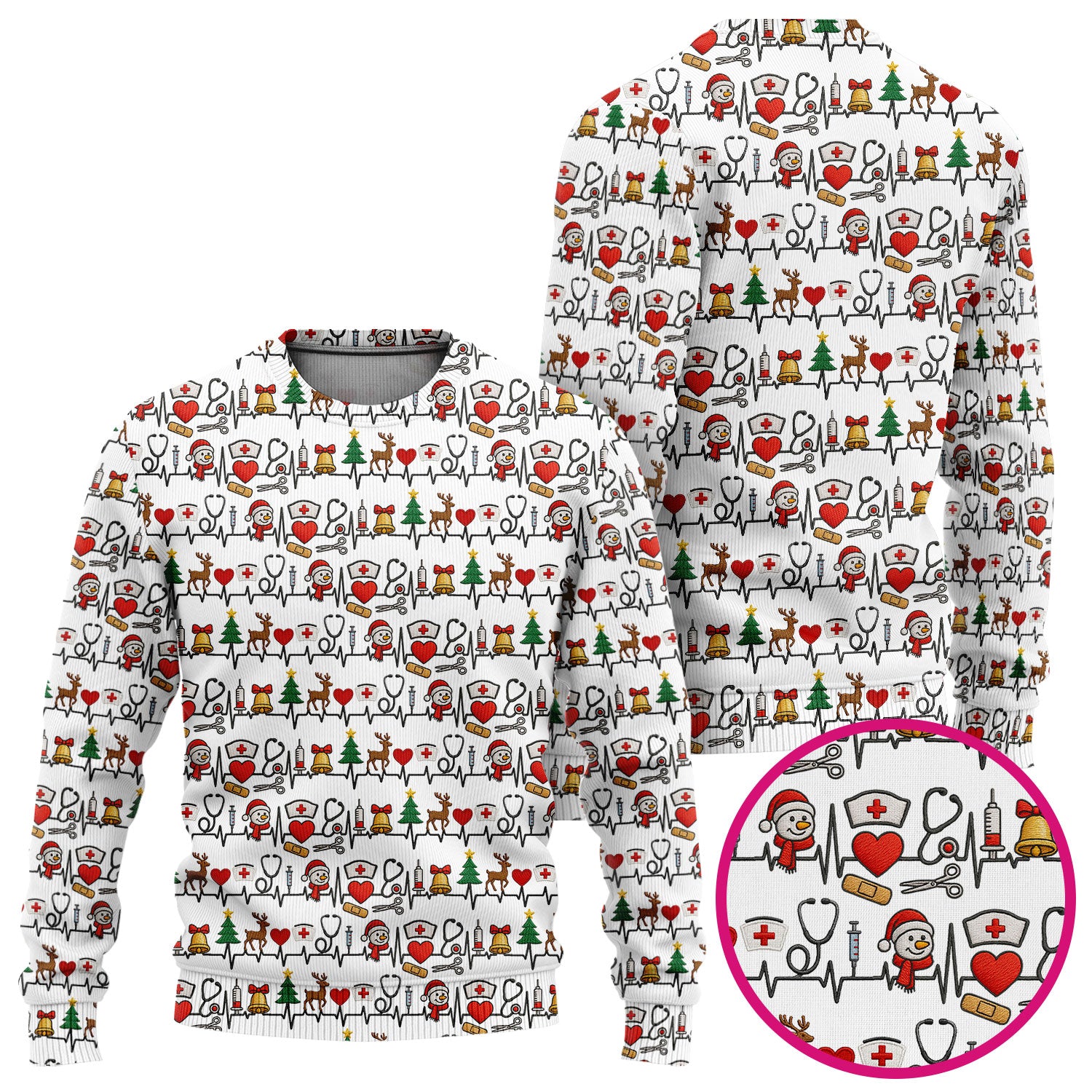 Cute Snowman Nurse Ugly Sweater, Christmas Holiday Medical Uniform For Nursing, Festive Heartbeat Print Nurse Sweater