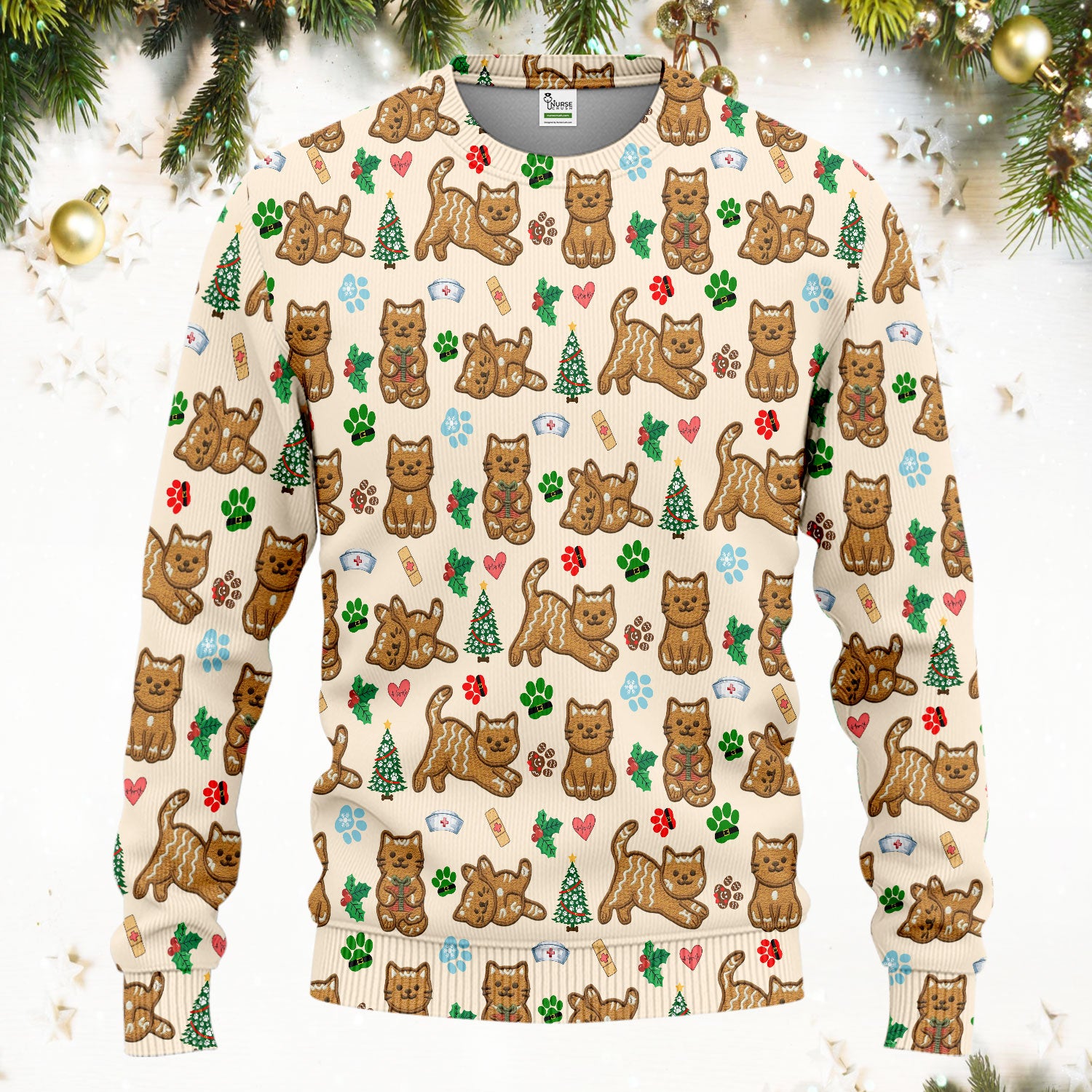 Gingerbread Cat Christmas Scrub Set, Cute Holiday Kitty Medical Uniform Shirt For Nursing, Festive Nurse Pattern