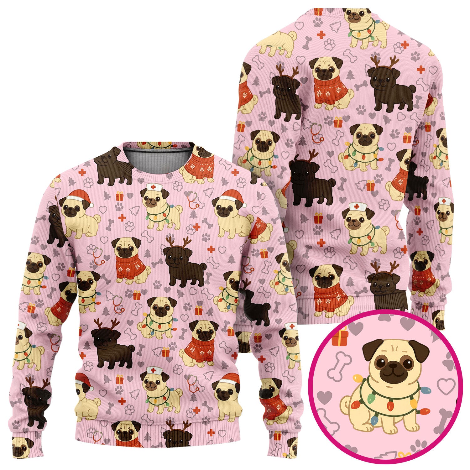 Funny Pug Christmas Nurse Scrub Set for Women - Cute Dog Pattern Holiday Medical Scrubs Top and Pants - Gift for RN LPN CNA