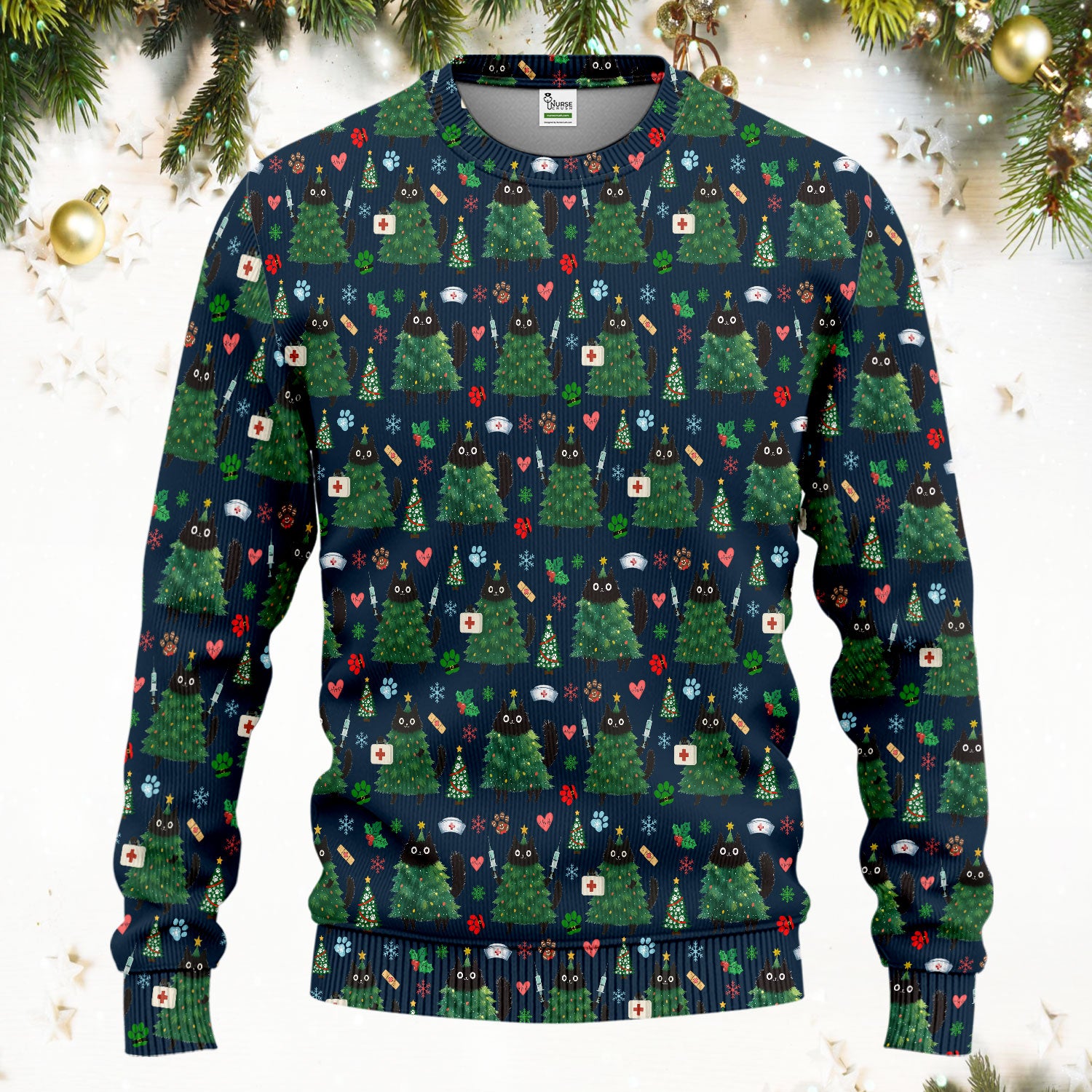 Christmas Nurse Scrub Set, Xmas Black Cat Pattern Nurse Shirt,  Breathable Fabrics Nursing Uniform