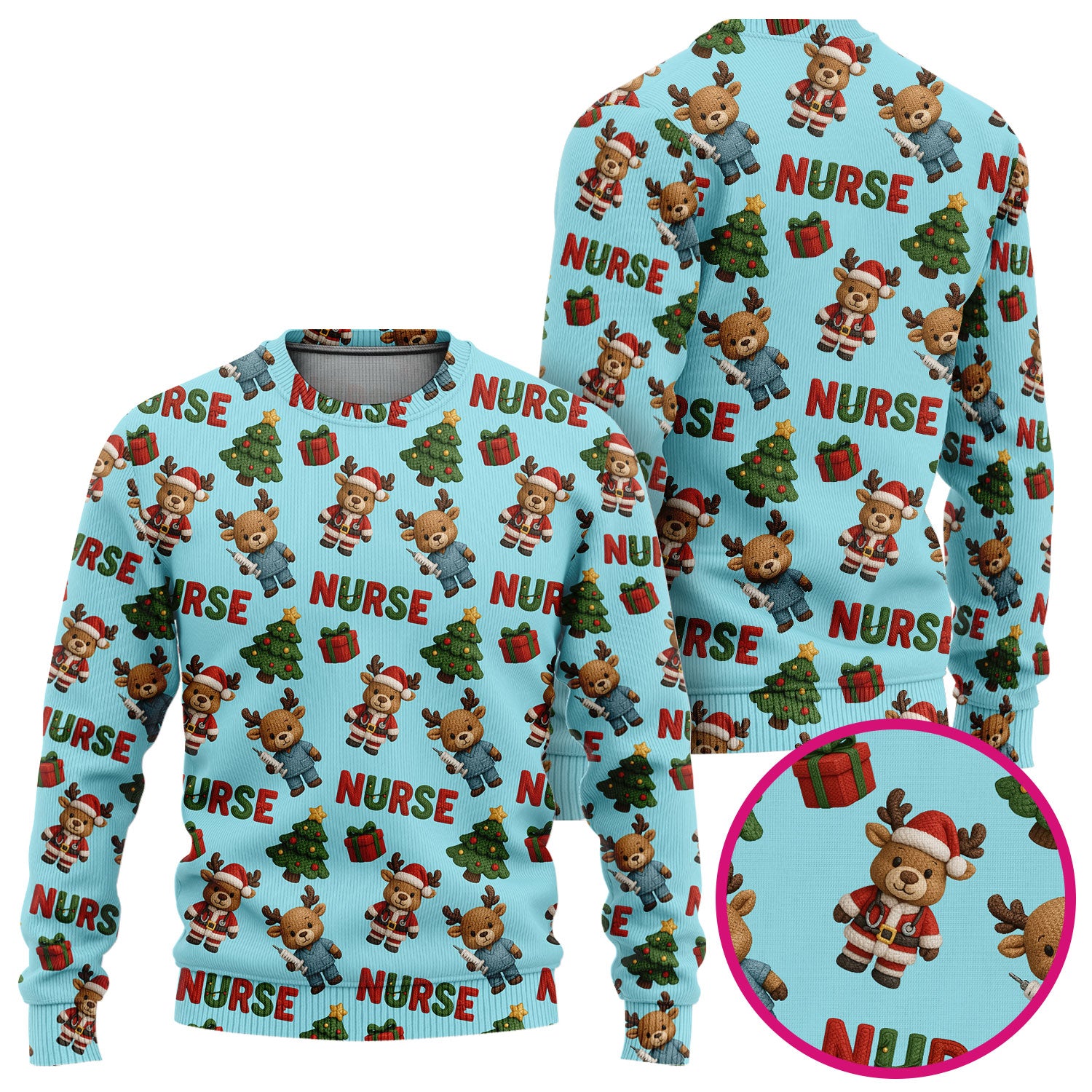 Reindeer Christmas Ugly Sweater, Cute Holiday Nurse Ugly Sweater, Festive Pattern Nursing Christmas Sweater