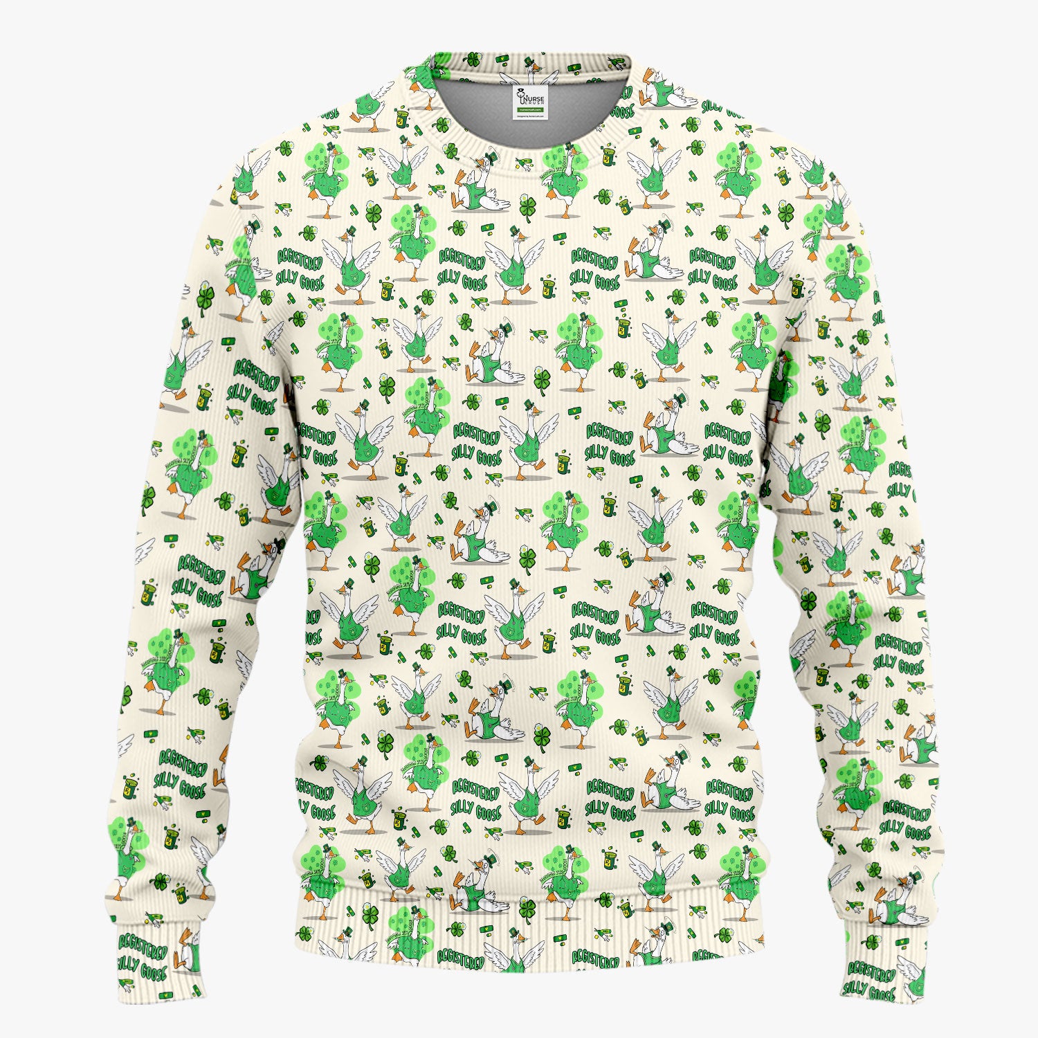 Silly Goose St. Patrick’s Day Scrub Set, Funny Goose Shamrock Pattern Nurse Scrub Shirt, Irish Green Nursing Uniform
