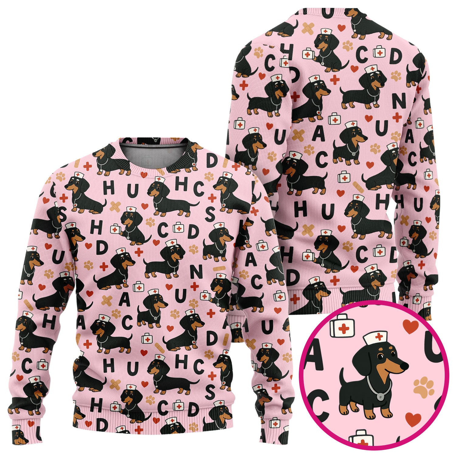 Dachshund Nurse Scrub Set for Women - Cute Sausage Dog Pattern Scrubs Top and Pants - Funny Animal Print Gift for RN LPN CNA