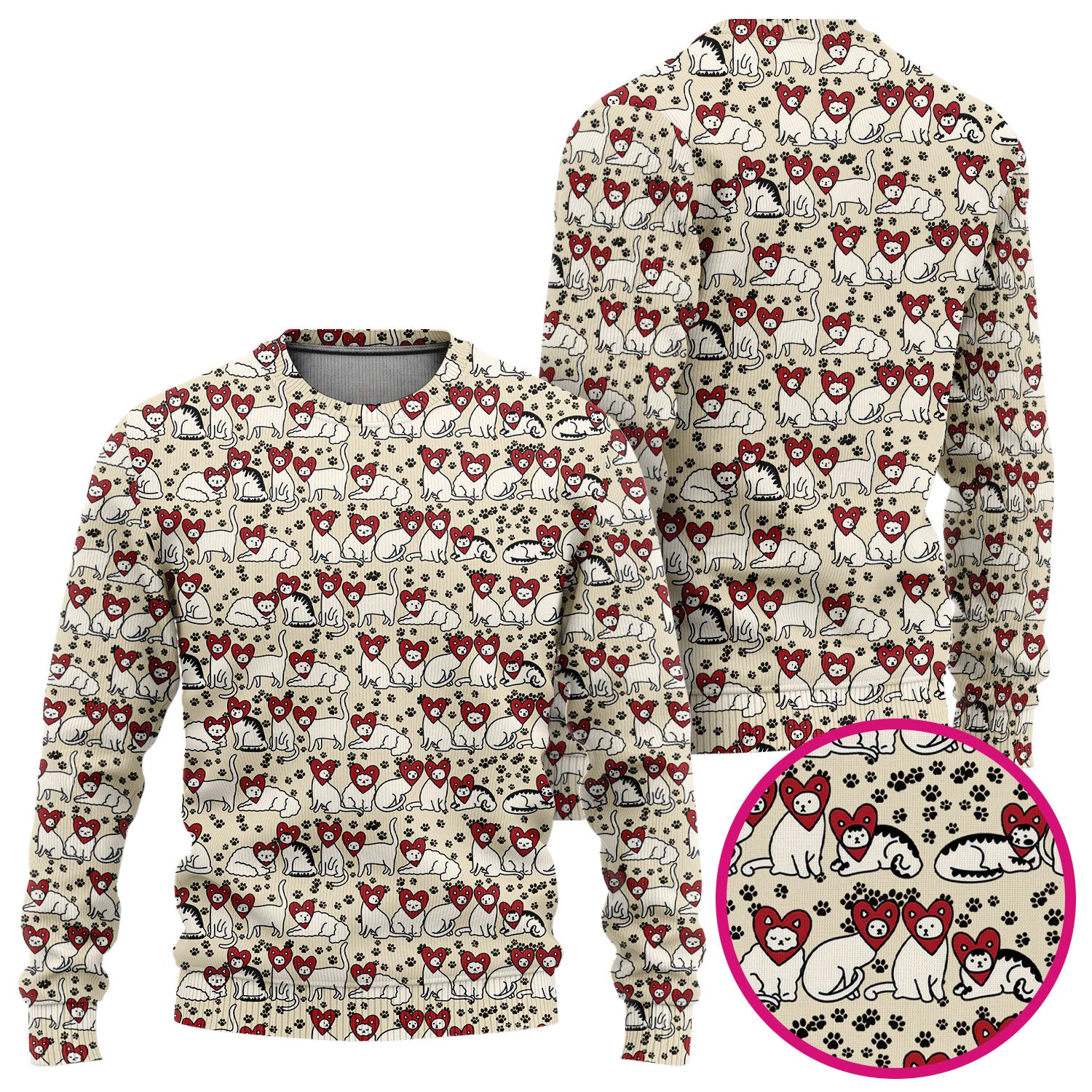 Cute Cat Heart Pattern Scrub Set, Funny Cat Scrub Shirt For Nurses, Breathable Fabrics Nursing Uniform