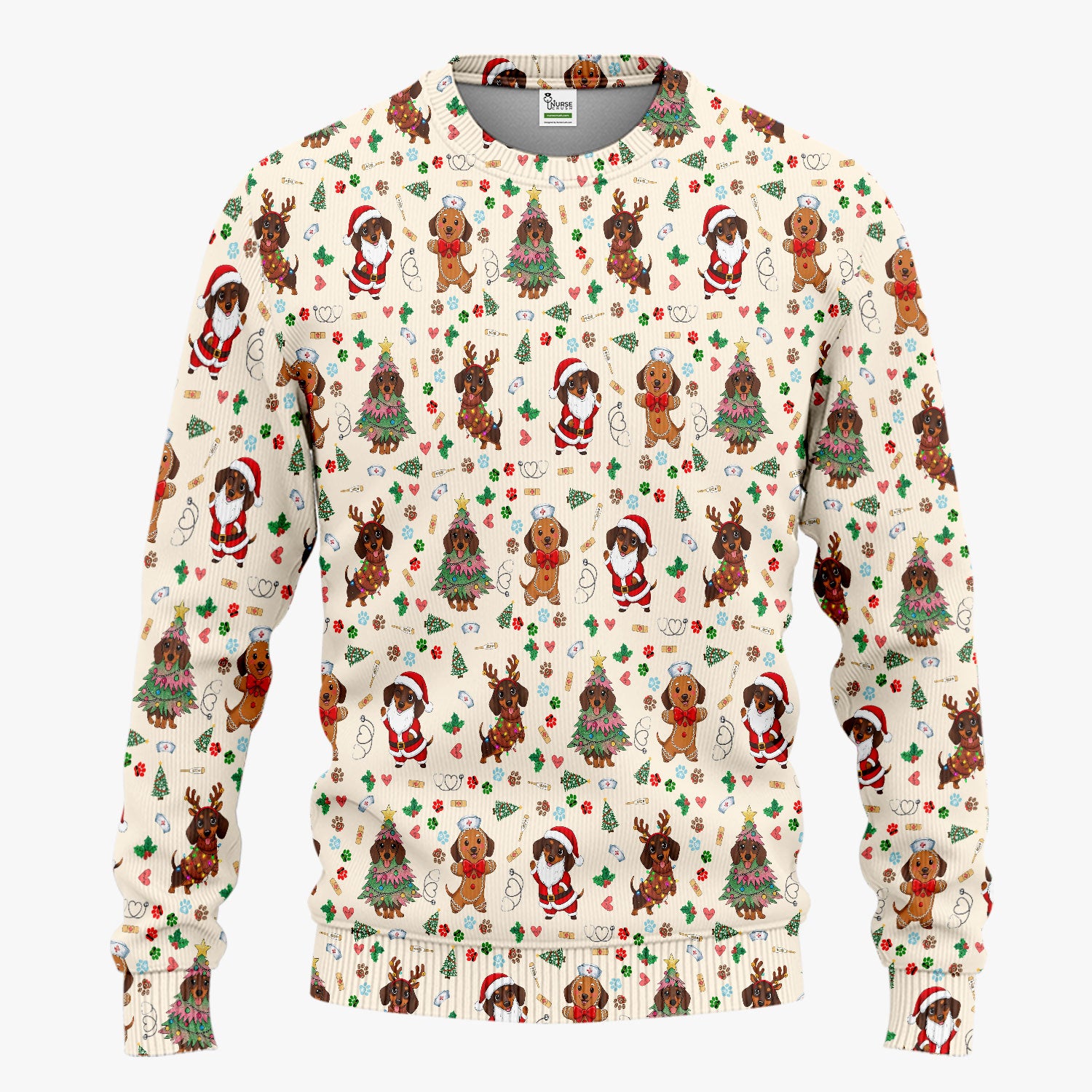 Wiener Dog Christmas Scrub Set – Funny Dachshund Pattern Medical Shirt – Festive Holiday Uniform for RN, LPN, CNA, and Vet Techs