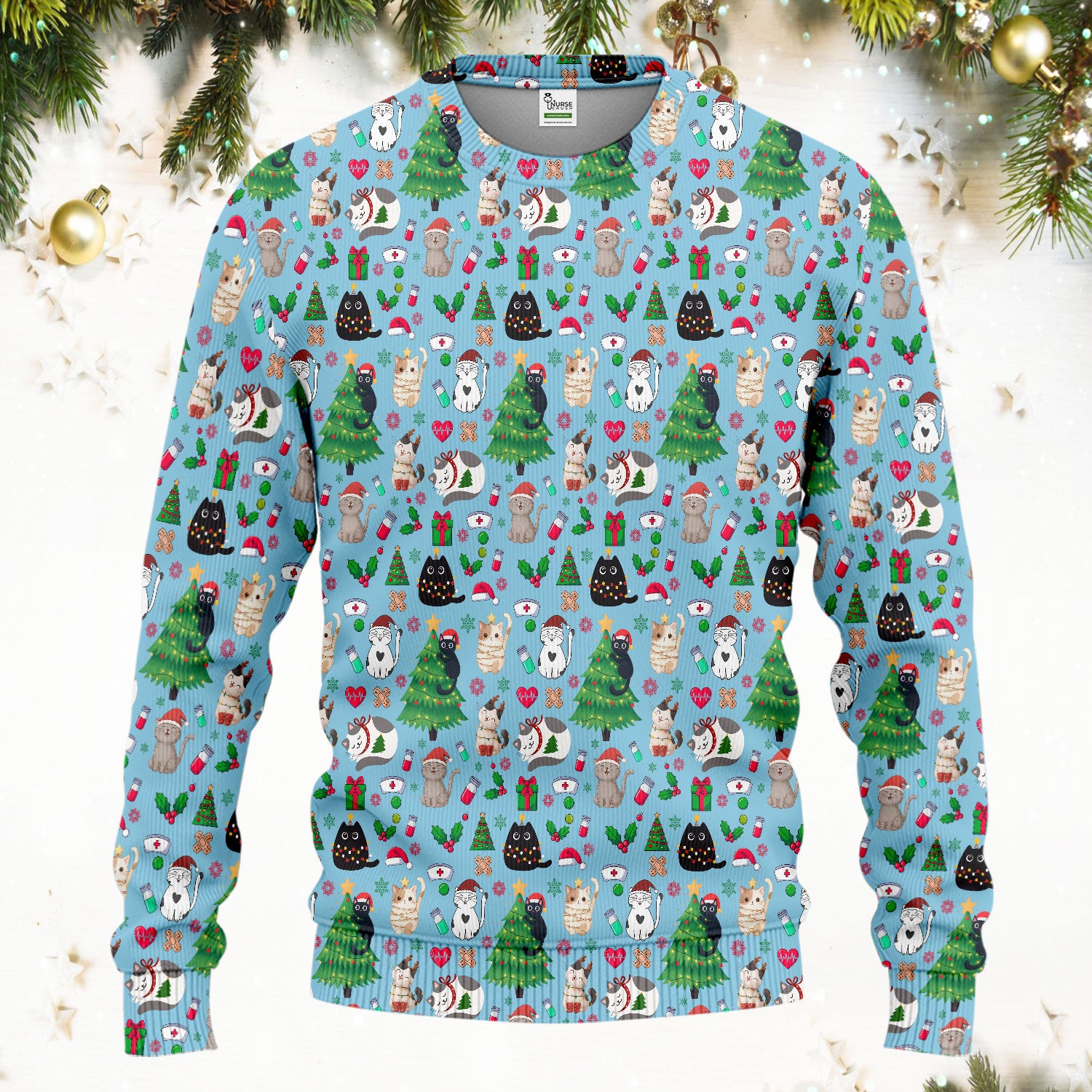 Christmas Cat Scrub Set, Xmas Pet Pattern Scrub Shirt, Breathable Fabrics Nursing Uniform
