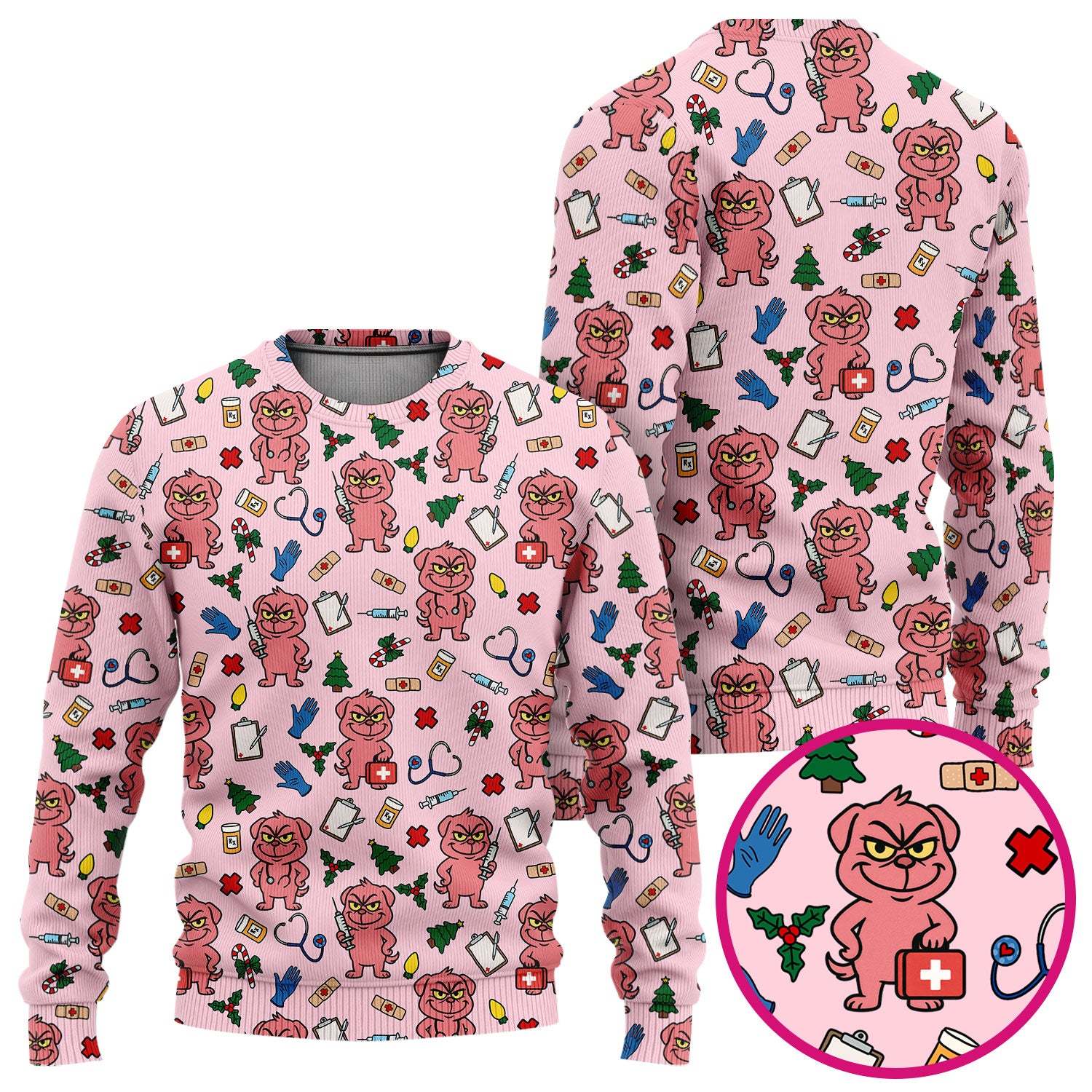 Christmas Scrub Set for Nurses - Funny Pink Dog Pattern - Holiday Nurse Scrubs with Tree, Bandage and Stethoscope Print