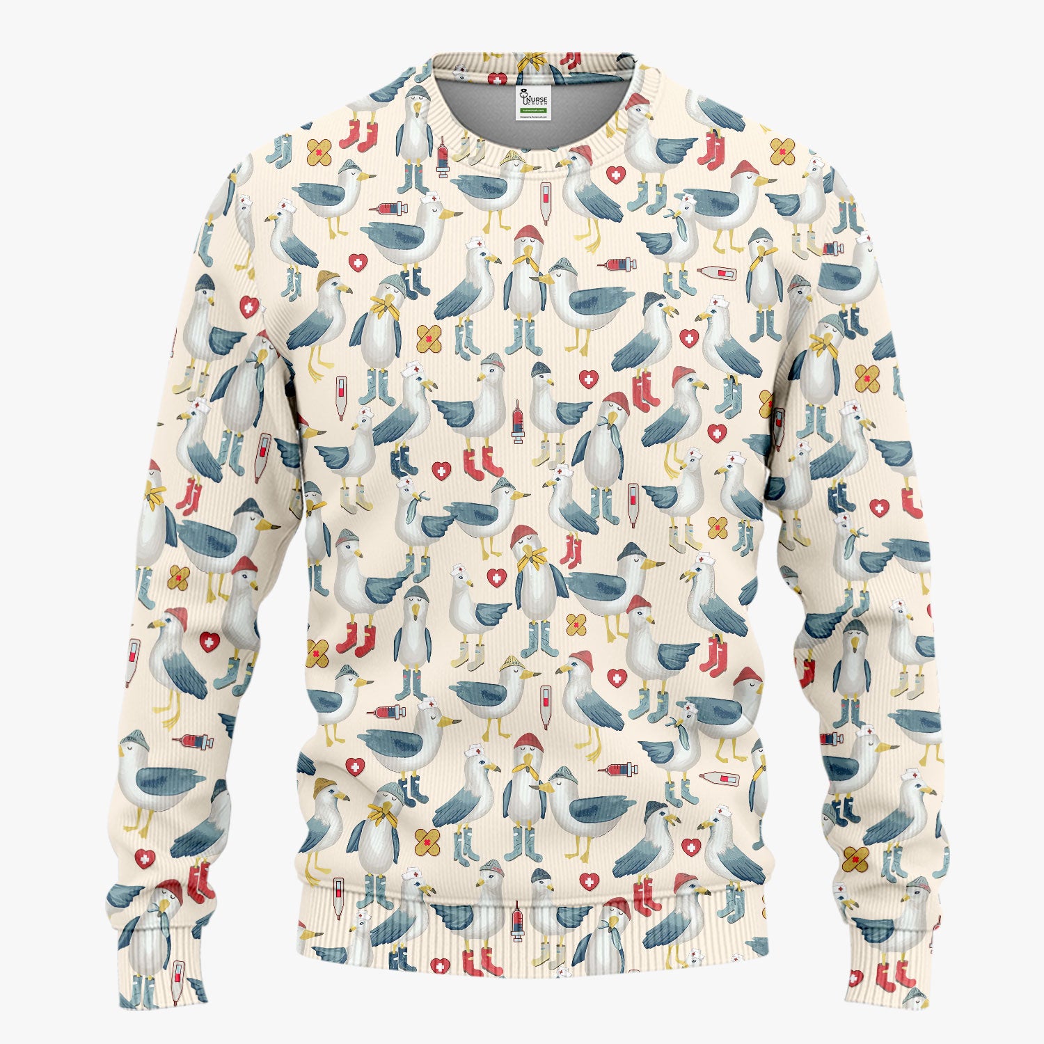 Funny Seagull Nurse Scrub Set - Cute Bird with Medical Icons Scrubs Pants and V Neck Top - Comfortable Scrubs for Women