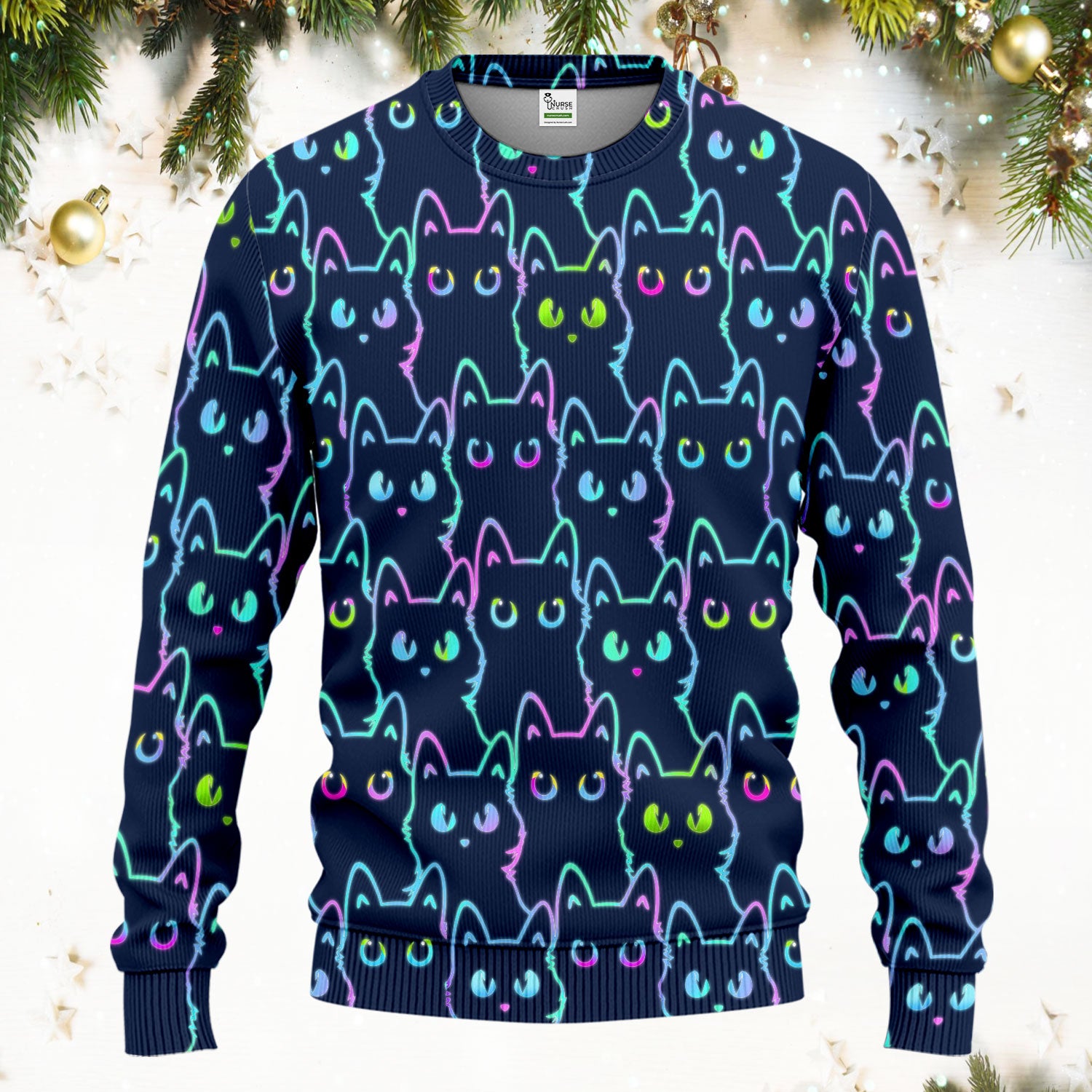 Neon Cat Pattern Scrub Set, Black Cat Scrub Shirt, Breathable Fabrics Nursing Uniform