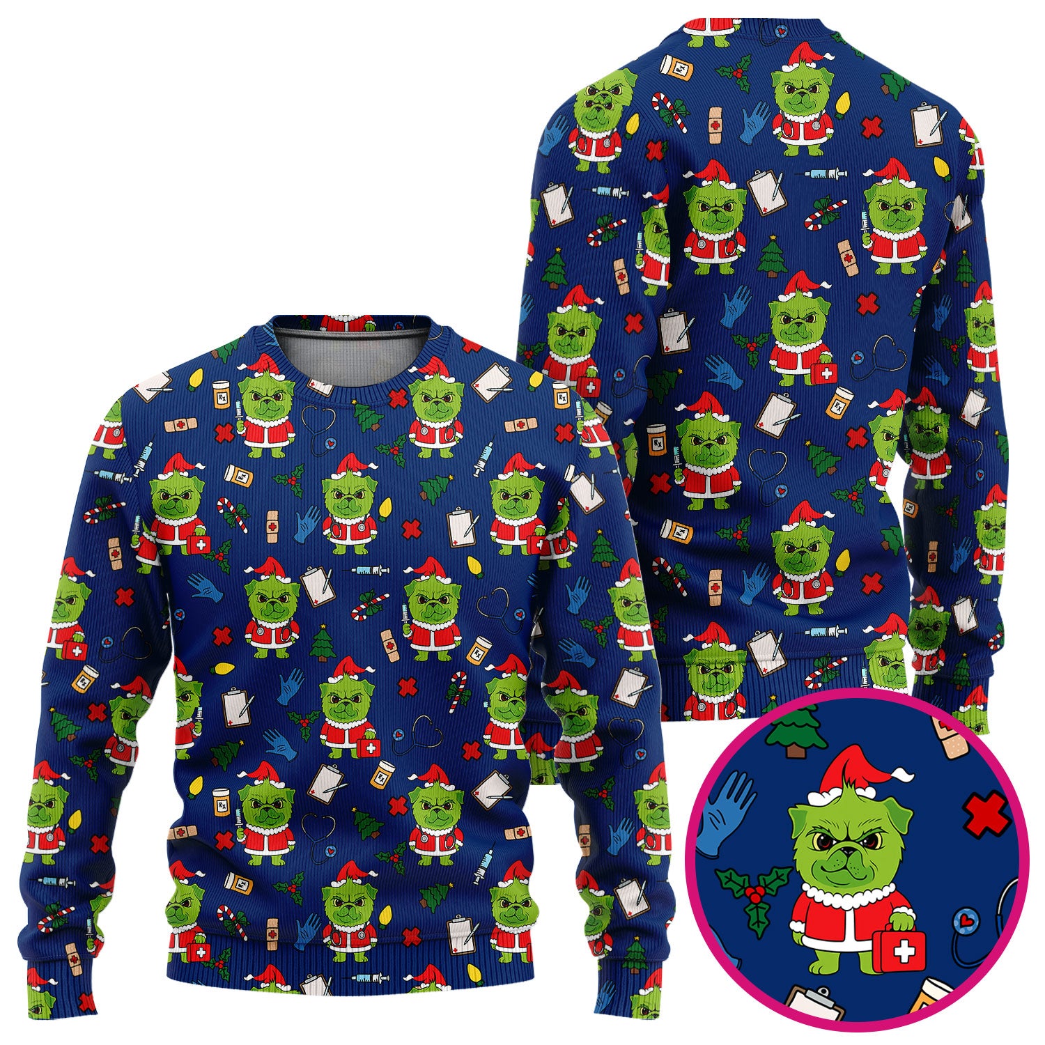 Funny Nurse Christmas Scrubs Set - Grumpy Dog Pattern with Medical Tools - Festive Holiday Scrub Top and Pants for Women