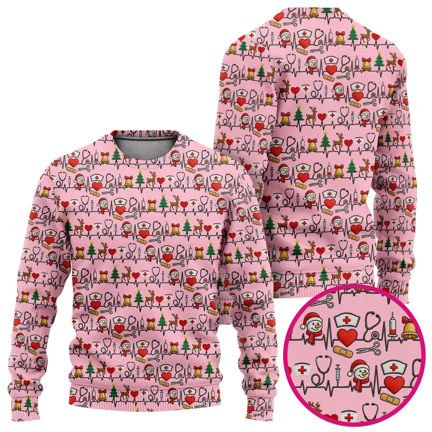 Cute Snowman Nurse Ugly Sweater, Christmas Holiday Medical Uniform For Nursing, Festive Heartbeat Print Nurse Sweater