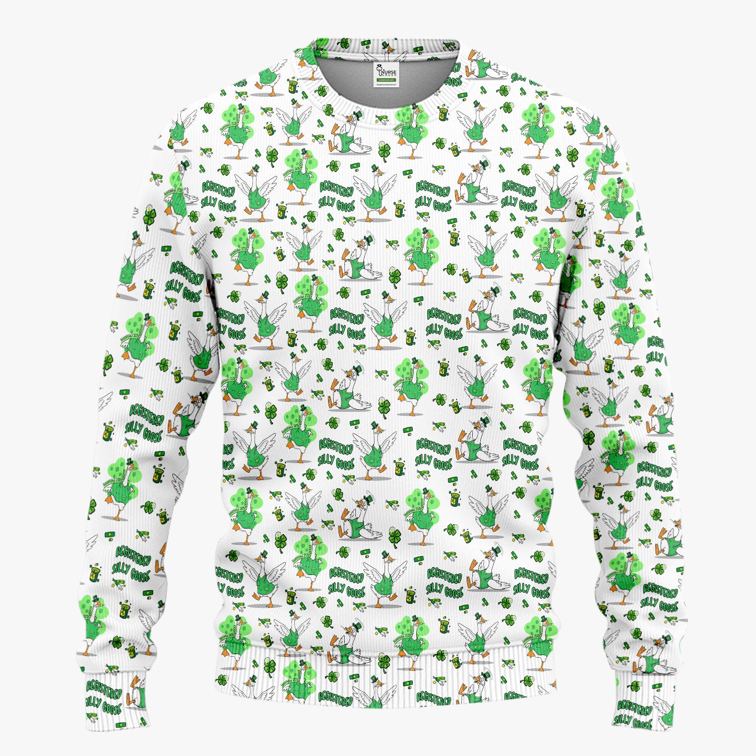 Silly Goose St. Patrick’s Day Scrub Set, Funny Goose Shamrock Pattern Nurse Scrub Shirt, Irish Green Nursing Uniform