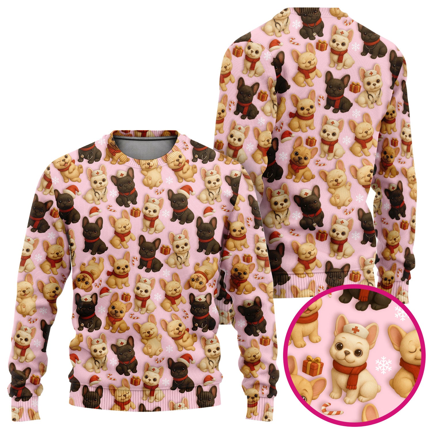 French Bulldog Scrubs Christmas Nurse Set - Cute Holiday Dogs with Candy Canes, Snowflakes & Gifts - Fun Festive Christmas Scrubs for Women