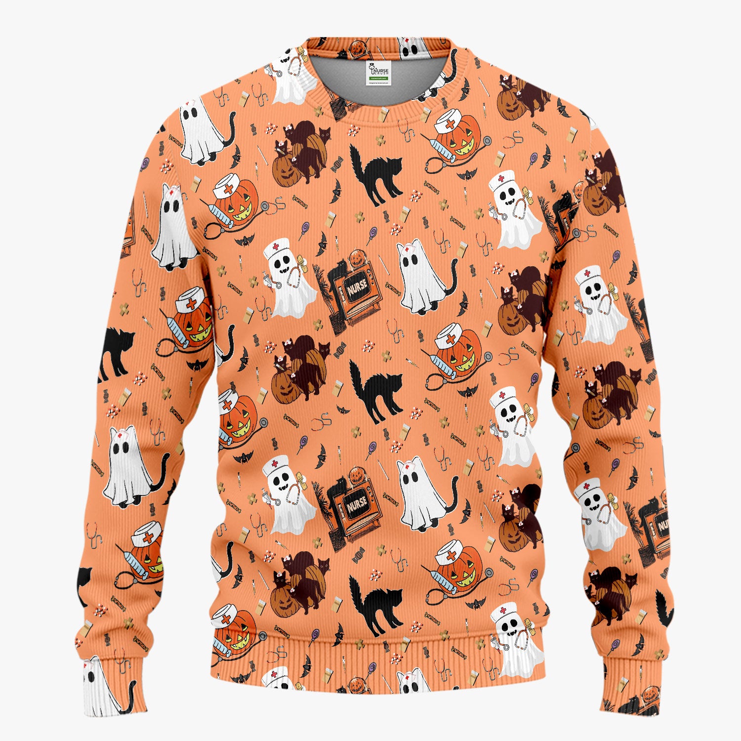 Halloween Scrub Set for Nurse - Cute Pumpkin Ghost Cat Medical Pants and V Neck Top - Spooky Uniform for Women RN CNA LPN