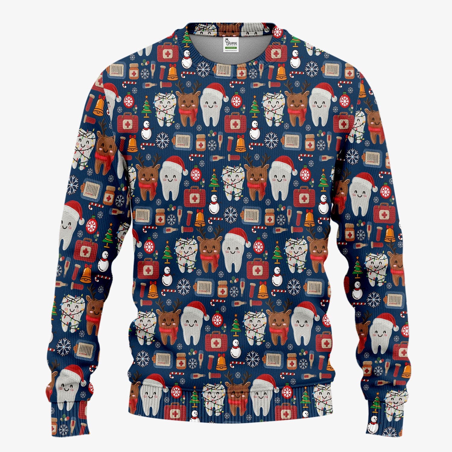 Christmas Dental Scrub Set - Cute Santa & Reindeer Tooth Pants and V Neck Top - Funny Gift for Dentists, Hygienists, Nurses