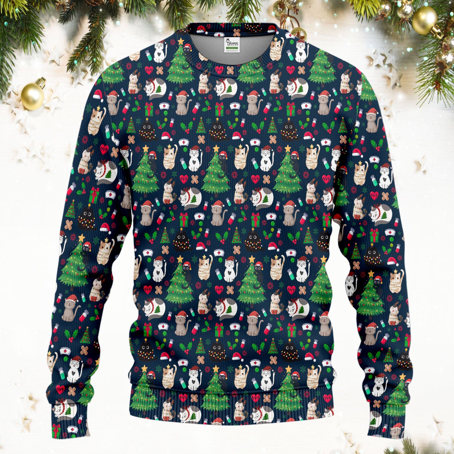 Christmas Cat Scrub Set, Xmas Pet Pattern Scrub Shirt, Breathable Fabrics Nursing Uniform