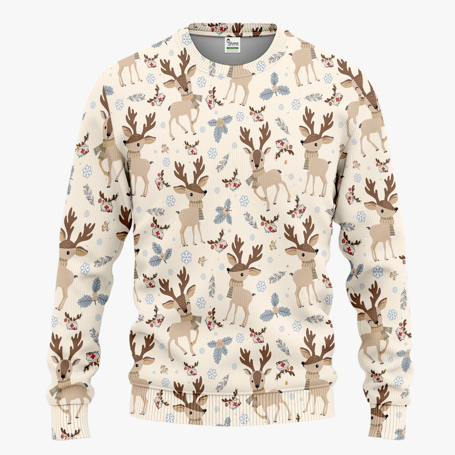 Reindeer Christmas Scrub Set - Cozy Beige Holiday Nurse Shirt with Cute Deer Pattern - Festive Medical Scrubs Pants and V Neck Top