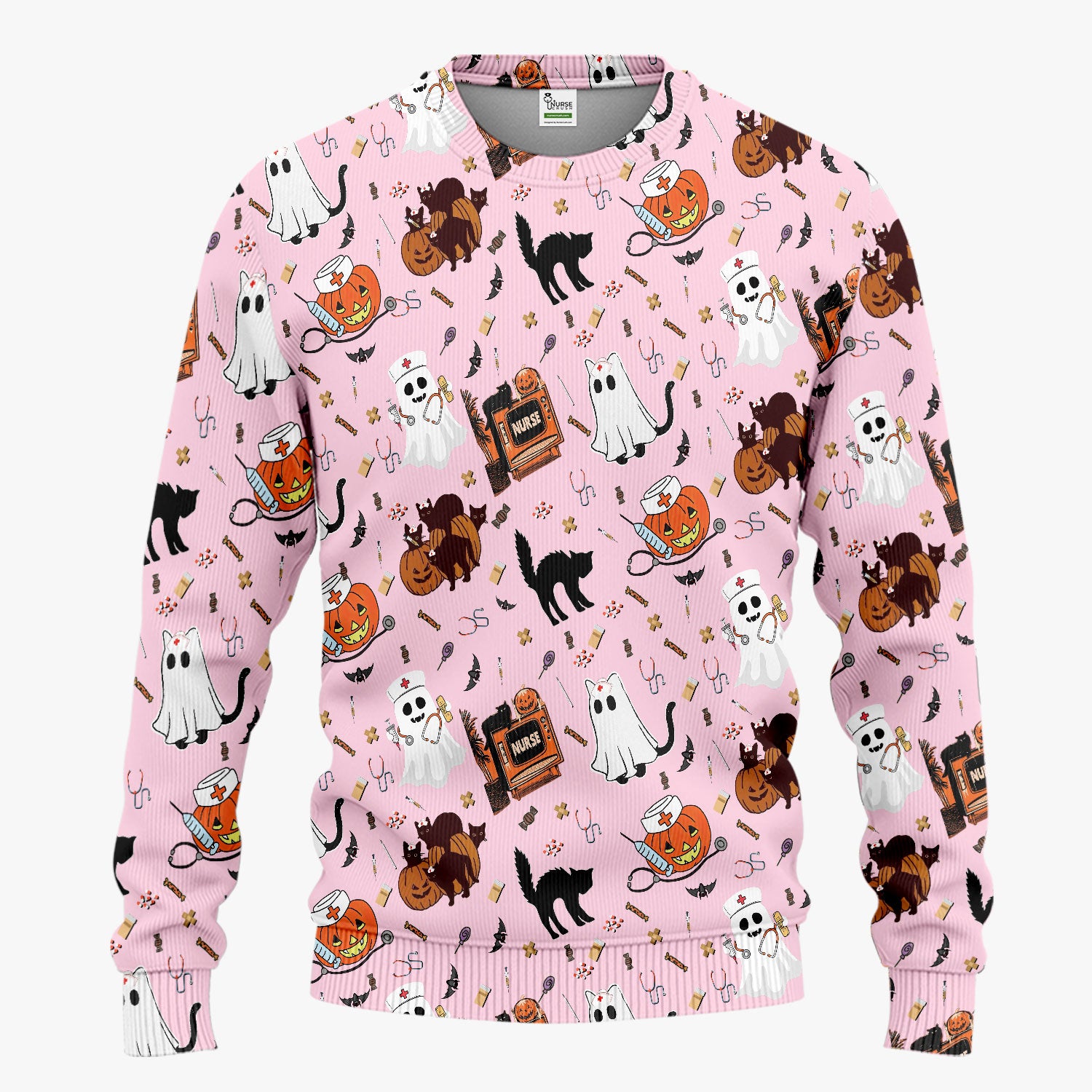 Halloween Scrub Set for Nurse - Cute Pumpkin Ghost Cat Medical Pants and V Neck Top - Spooky Uniform for Women RN CNA LPN