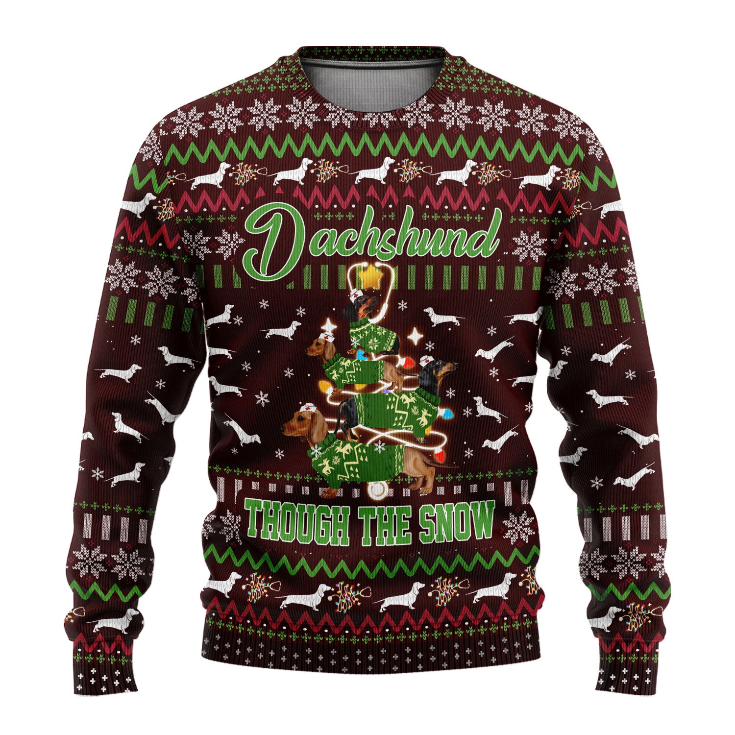 Dachshund Through The Snow Christmas Ugly Sweater - Funny Sausage Dog Xmas Tree Nurse Shirt - Cute Holiday Medical Uniform