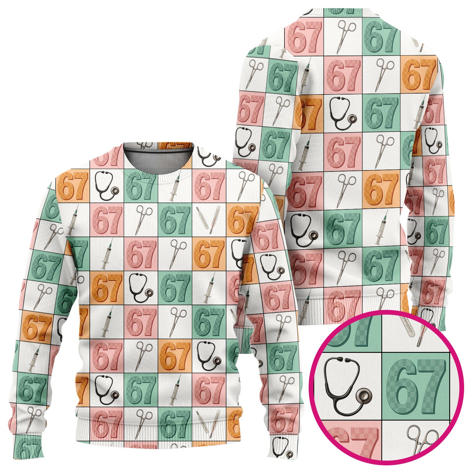 67 Nurse Patchwork Ugly Christmas Sweater, Colorful Medical Tools Holiday Nurse Shirt For Nursing