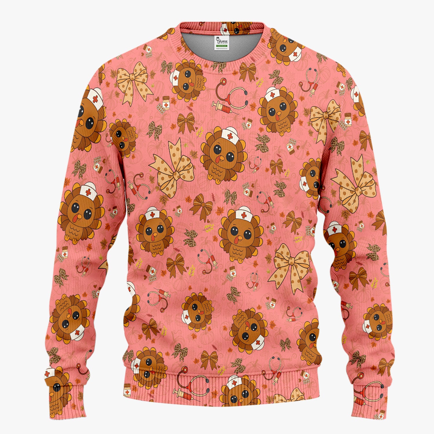 Thanksgiving Turkey Nurse Scrub Set for Women - Cute Fall Leaves and Bow Scrub Pants and V Neck Top - Autumn Medical Uniform