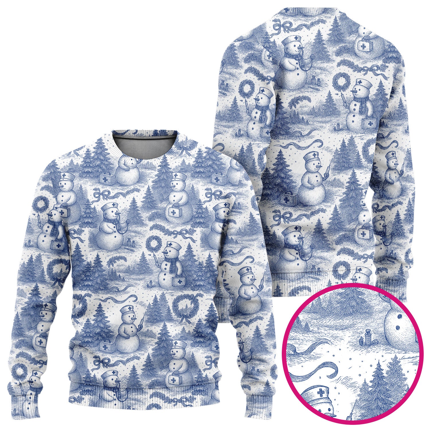 Toile de Jouy Christmas Scrubs Set – Elegant Snowman and Nurse Pattern – Classic Holiday Scrub Top and Pants for Women
