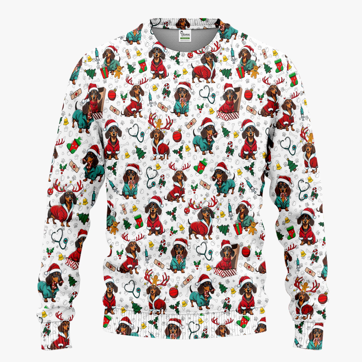 Christmas Dachshund Scrub Set for Nurses - Cute Sausage Dog Holiday - Funny Reindeer & Santa Scrubs Pants and V Neck Top