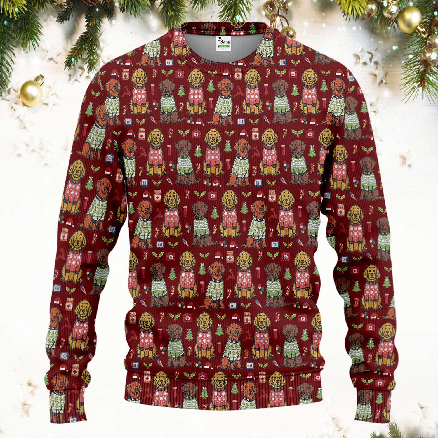 Golden Retriever Christmas Scrub Set, Cute Holiday Dog Nurse Pattern Shirt, Breathable Fabrics Nursing Uniform