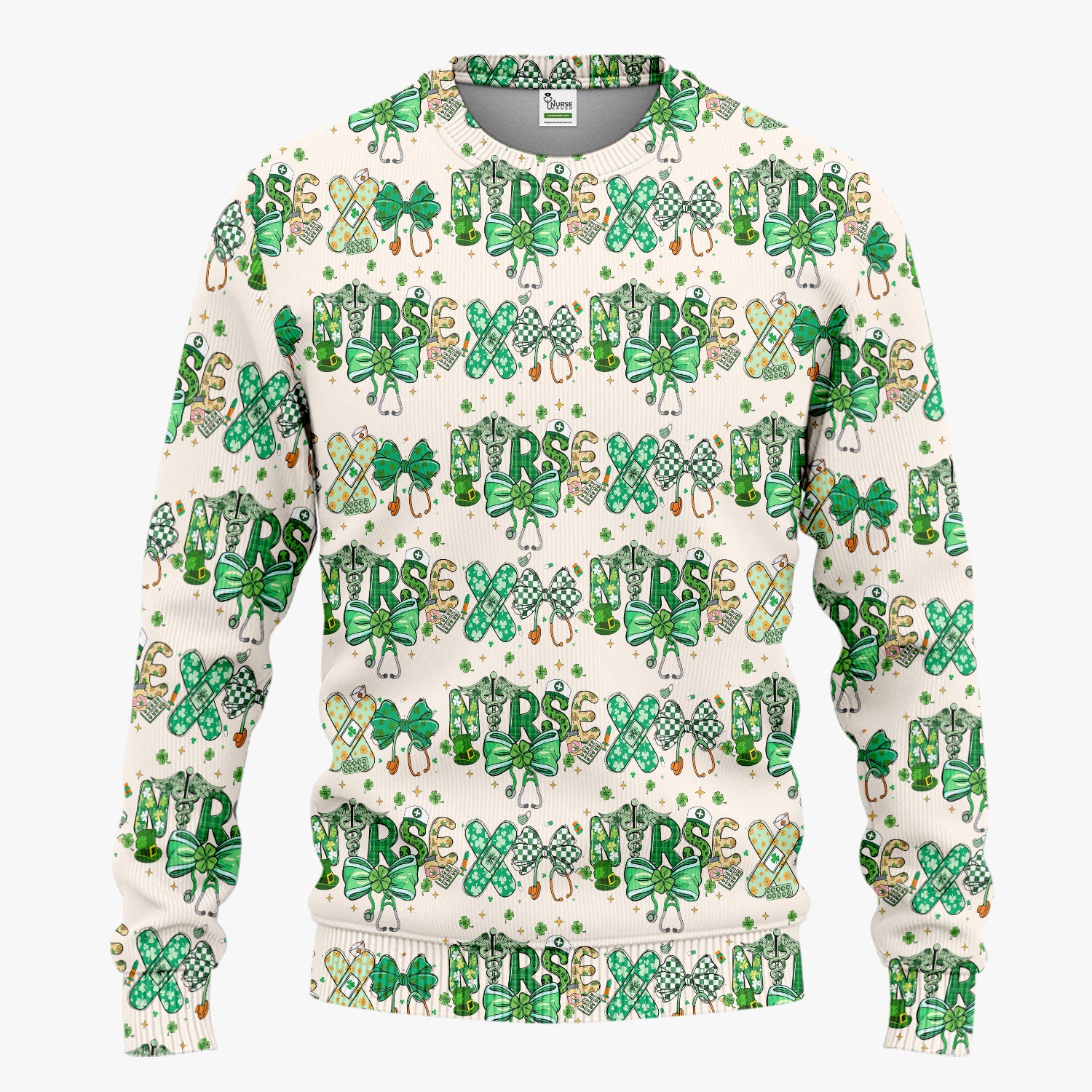 St. Patrick’s Nurse Scrub Set, Lucky Clover And Green Bow Pattern Nurse Shirt, Breathable Fabrics Nursing Uniform