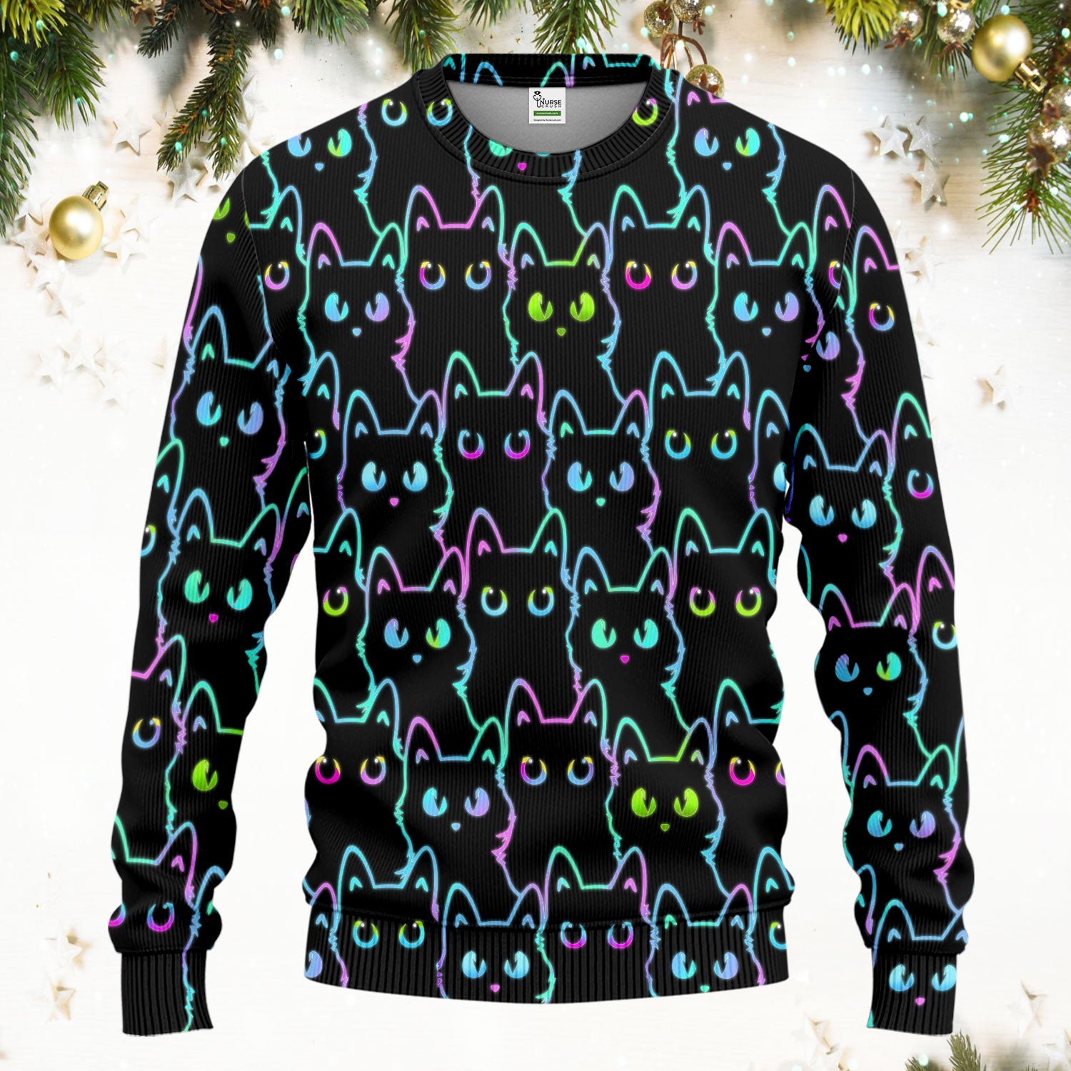 Neon Cat Pattern Scrub Set, Black Cat Scrub Shirt, Breathable Fabrics Nursing Uniform
