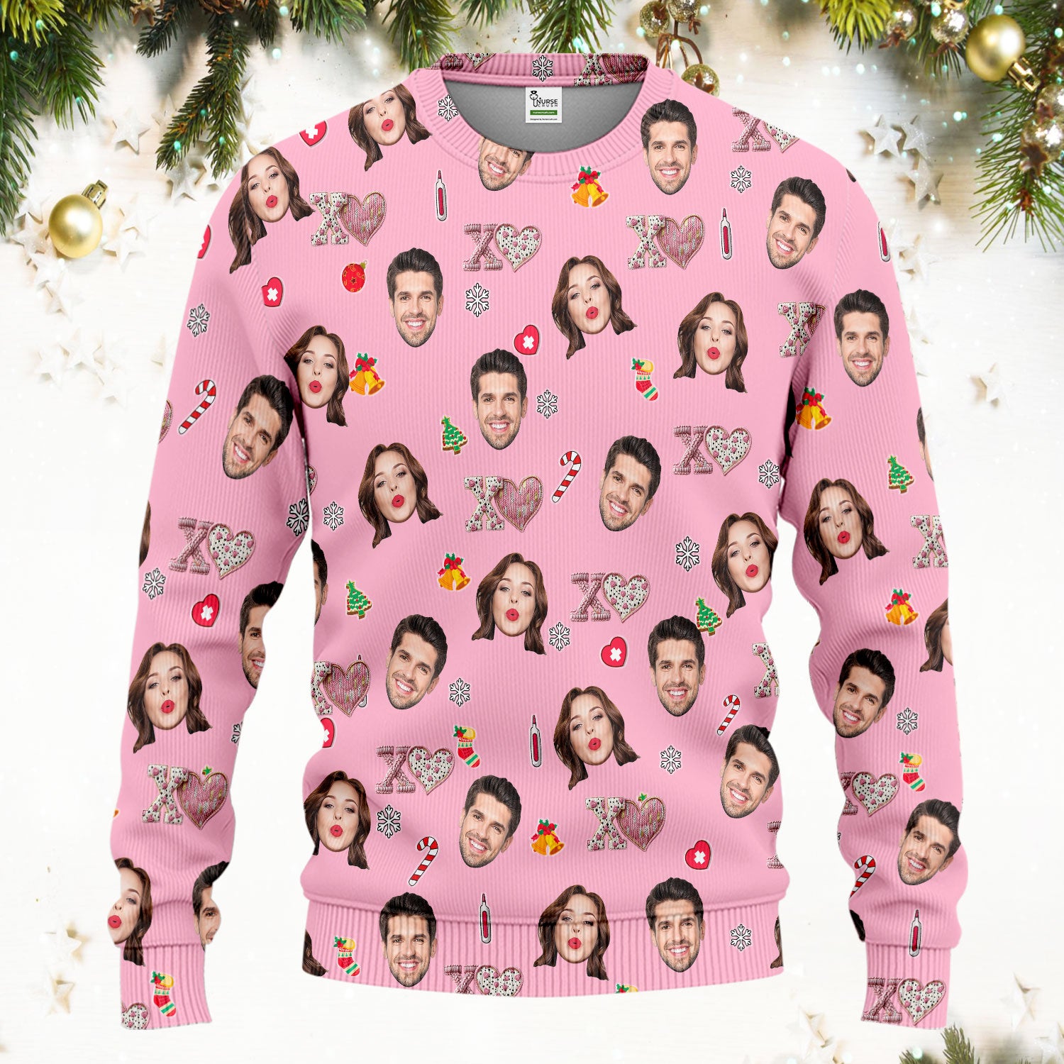 Custom Face Pattern XOXO Scrub Shirt, Personalized Photo Scrub Set, Breathable Fabrics Nursing Uniform