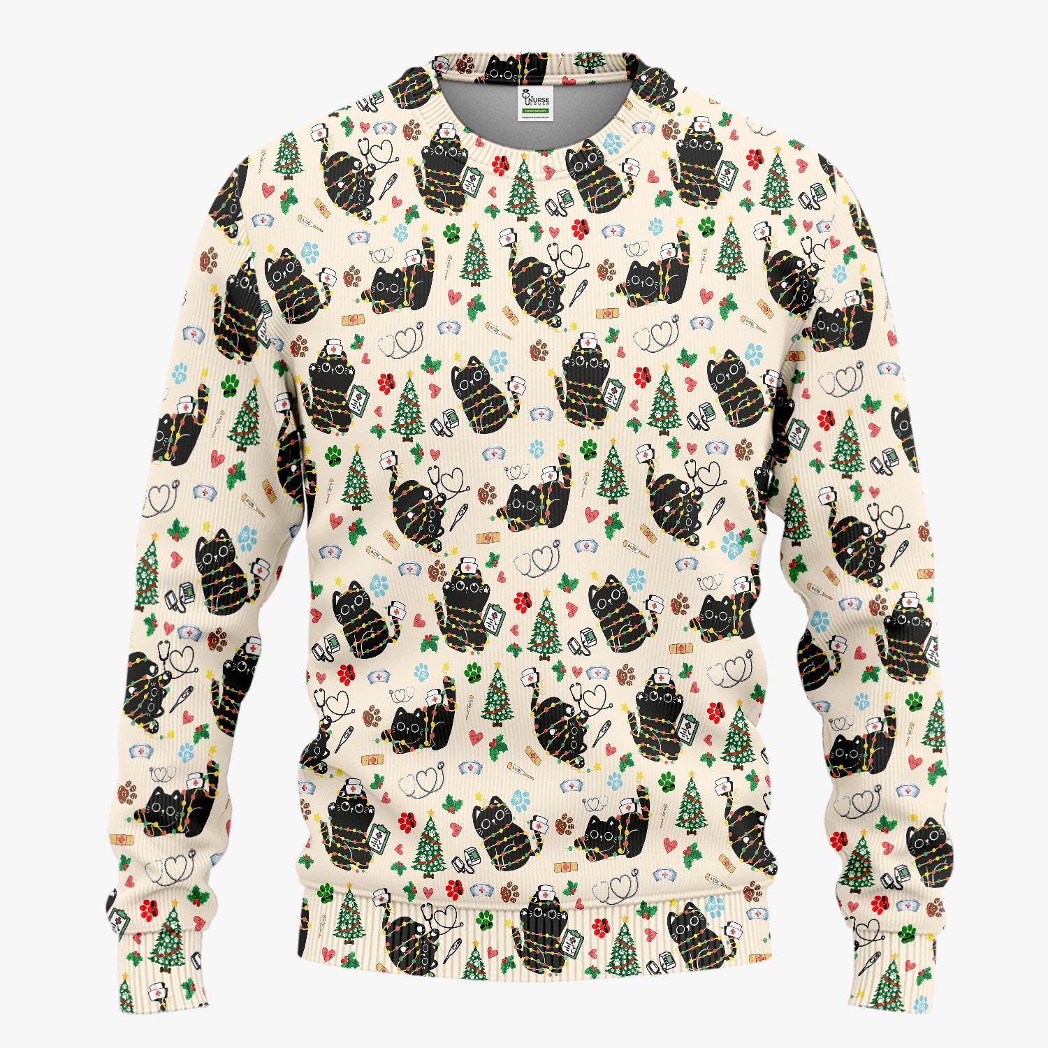 Funny Black Cat Christmas Scrub Set – Cute Holiday Kitty Pattern – Festive Medical Uniform for Nurses, Vets, and Cat Lovers