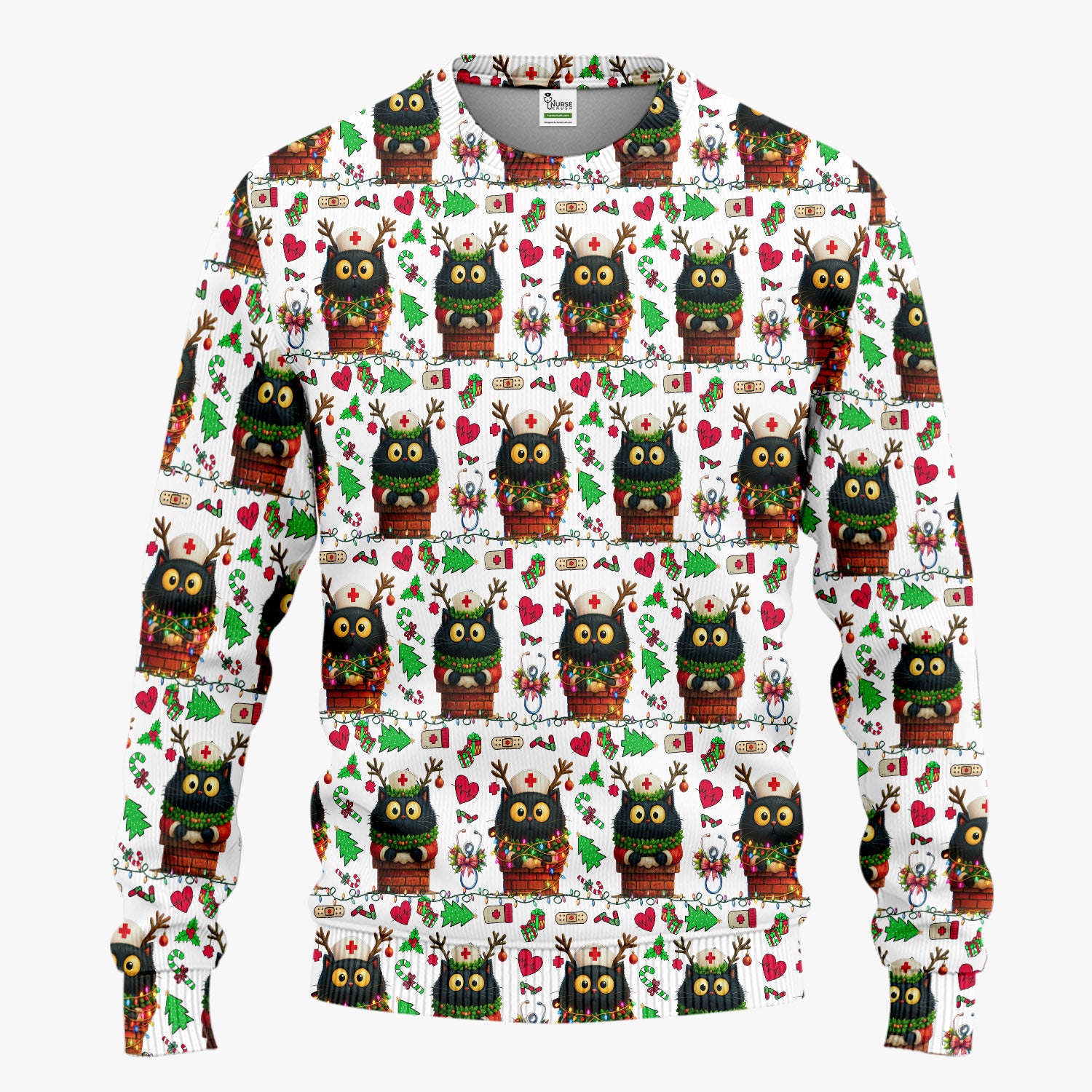 Christmas Black Cat Scrub Set for Nurse - Cute Reindeer Cat with Xmas Lights Pants and V Neck Top - Festive Holiday Medical Uniform